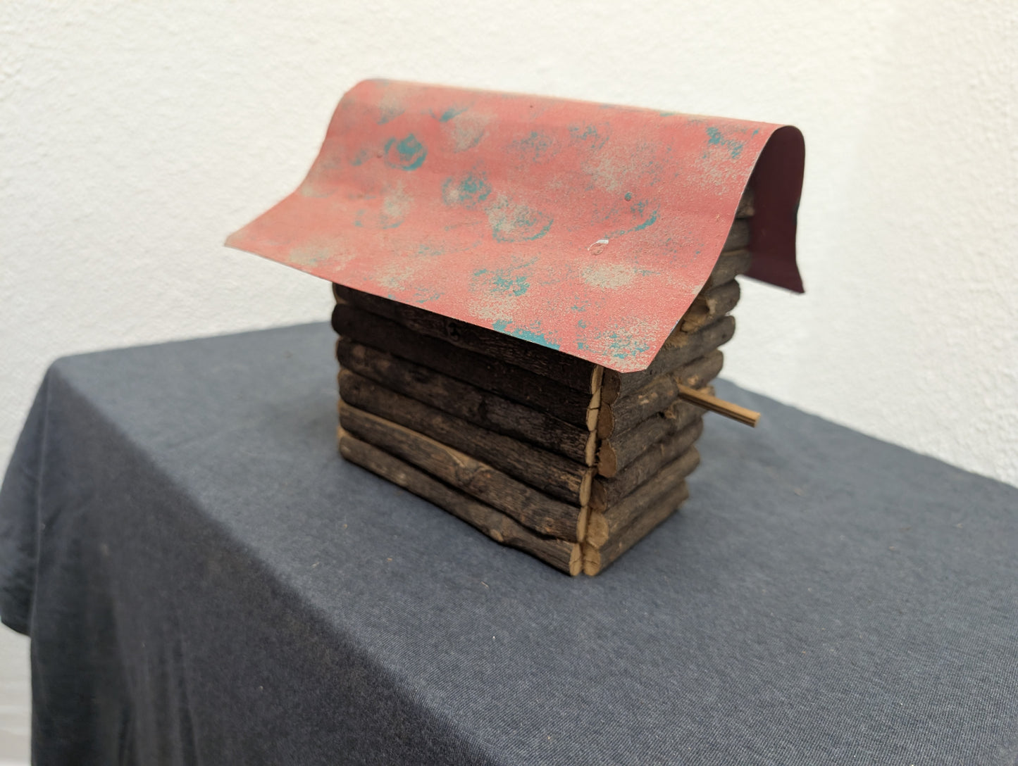 Vintage handcrafted Log Cabin Metal Roof birdhouse