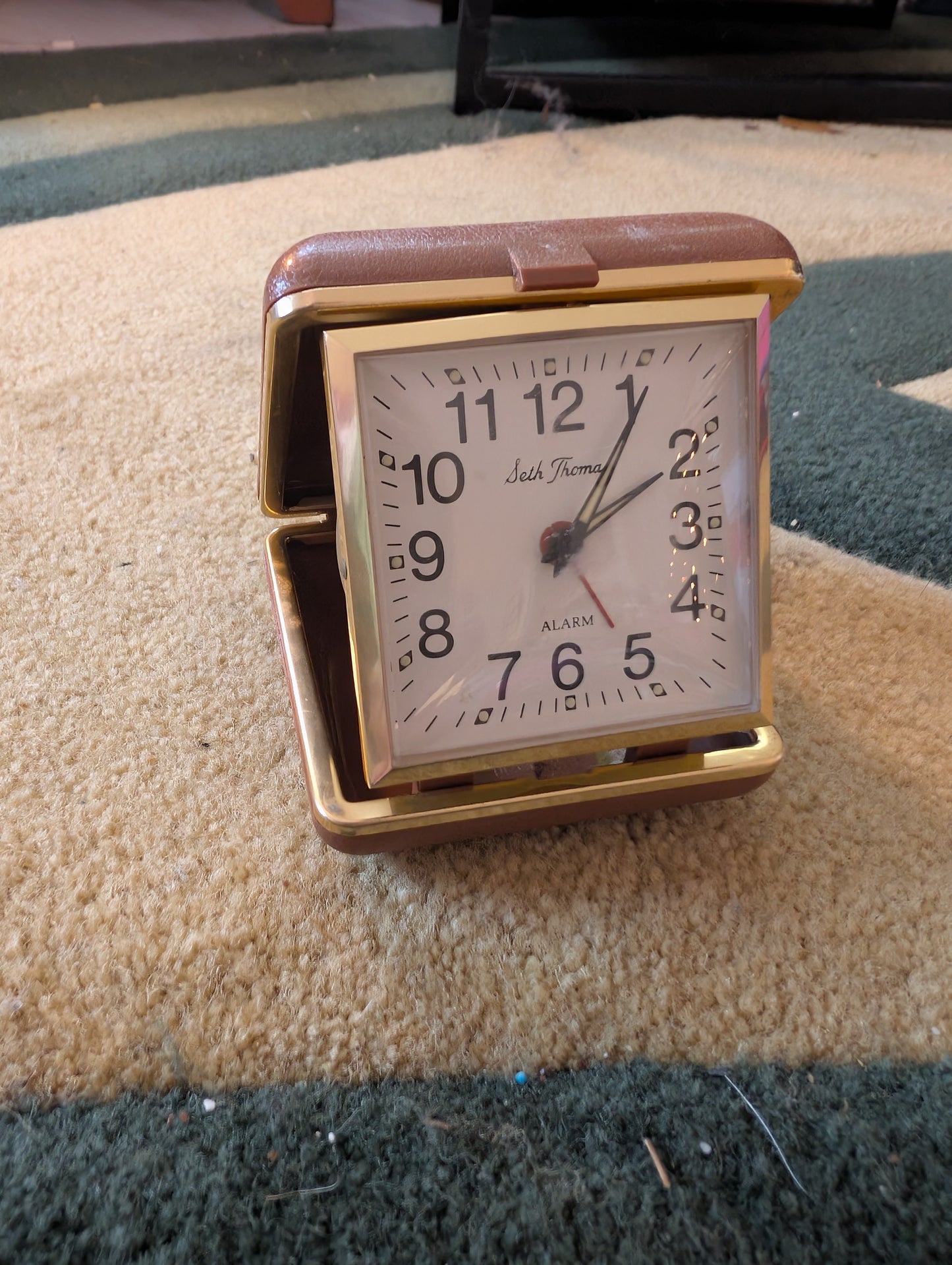 Vintage Seth Thomas Travel Alarm Clock Wind Up Folding Hard Clam Case -Works