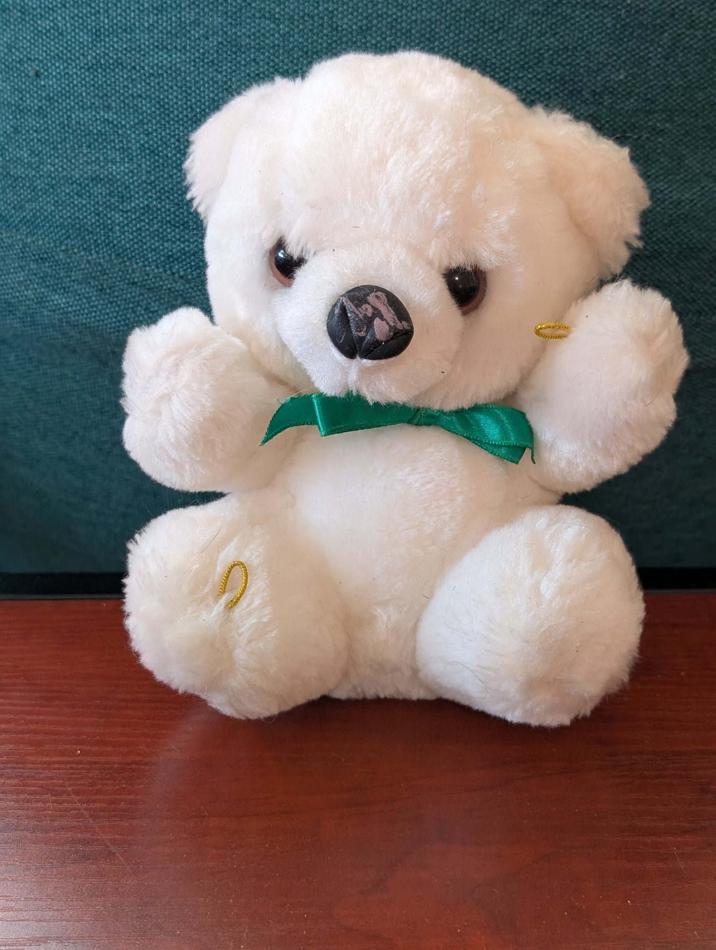 Vintage SASCO - WHITE Plush TEDDY BEAR Red Ribbon 10"