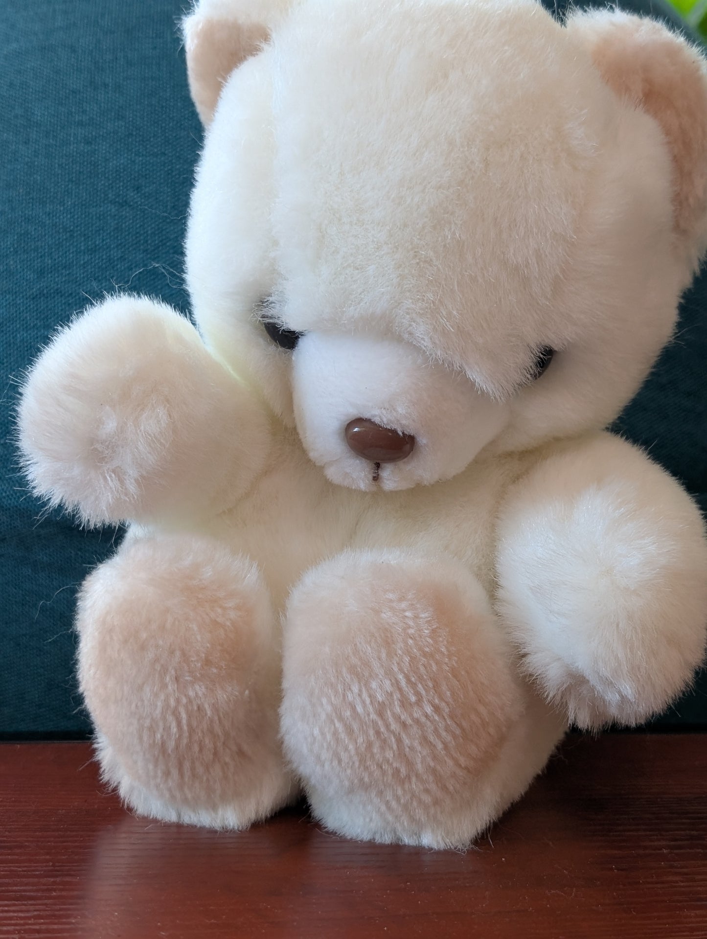 Vintage Teddy Bear Plush Sitting with Brown Plastic Nose White Body Tan Feet and Ears