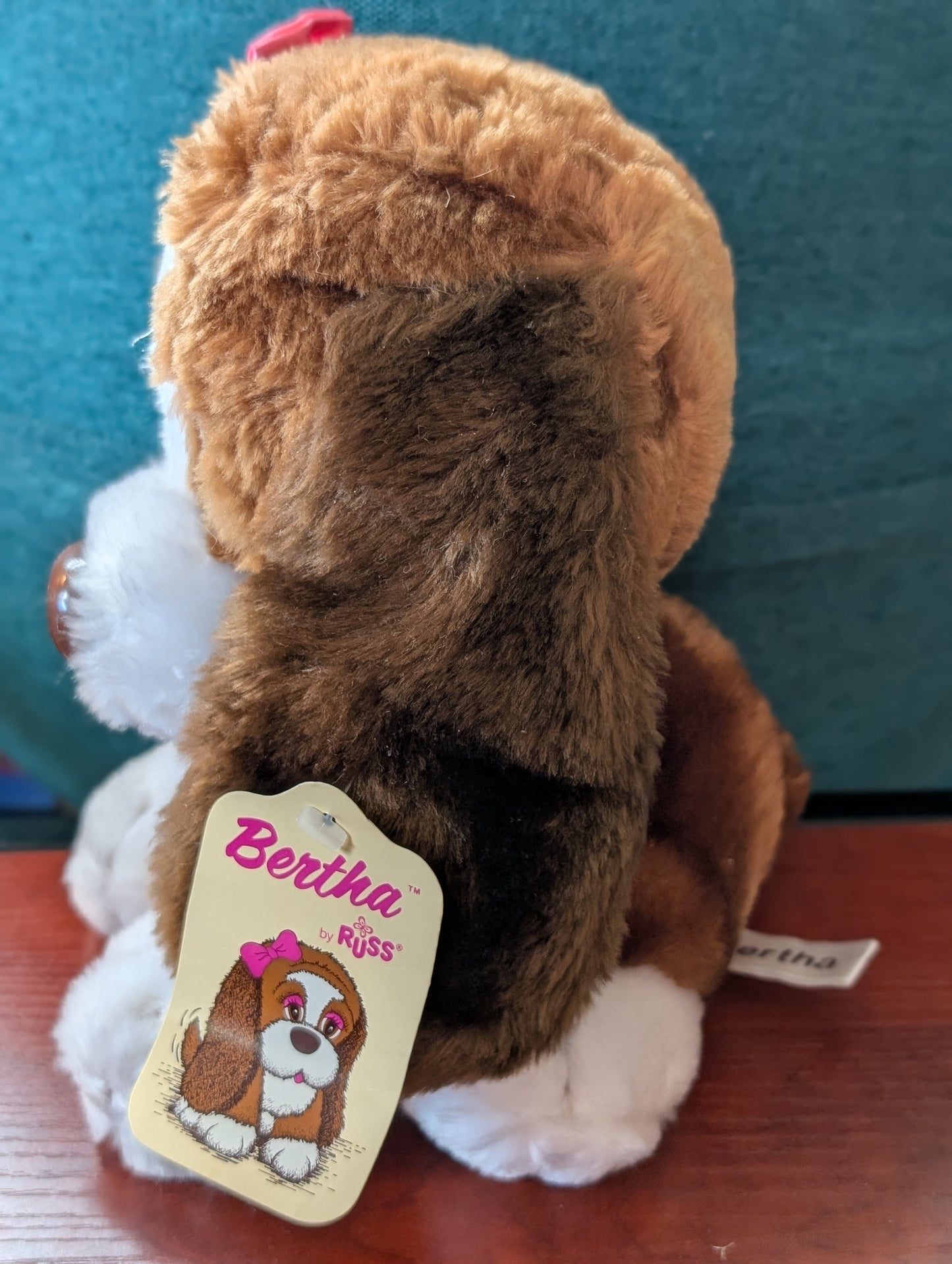 Vintage Russ Bertha Bassett Hound Brown Dog Plush Pink Bow 9" Stuffed Animal Tag