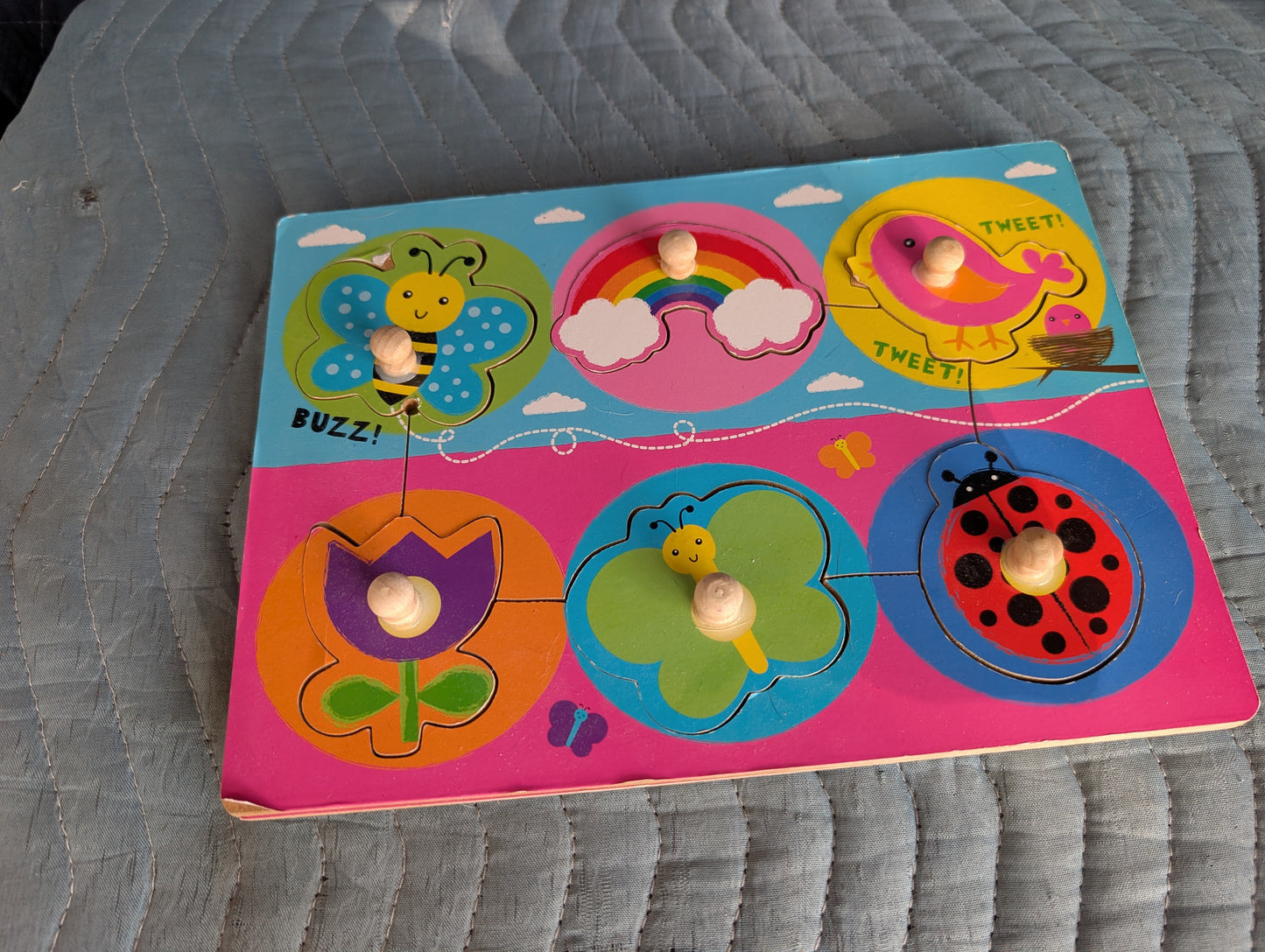 Infant and Toddler Wooden shape puzzle with insects, flowers, and birds