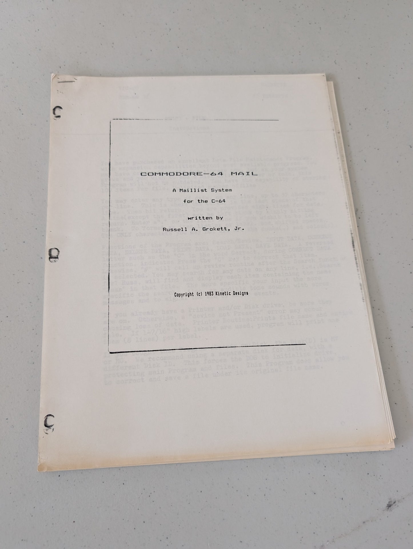 COMMODORE-64 MAIL A Maillist System for the C-64 written by Russell A. Grokett, Jr. manual only