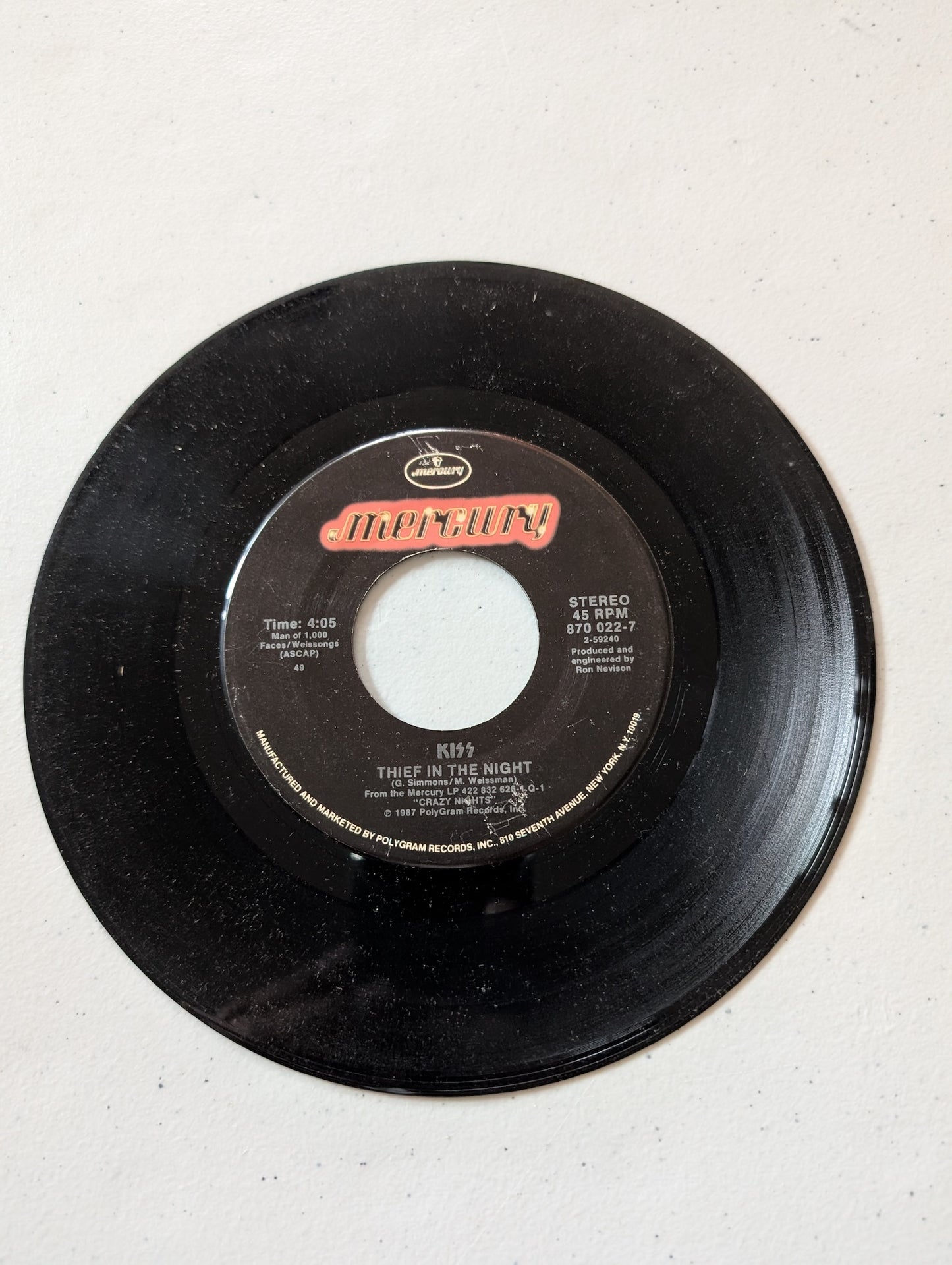 KISS - REASON TO LIVE - THIEF IN THE NIGHT- MERCURY RECORDS (7 in, 45 RPM, Single, Vinyl Record Album)