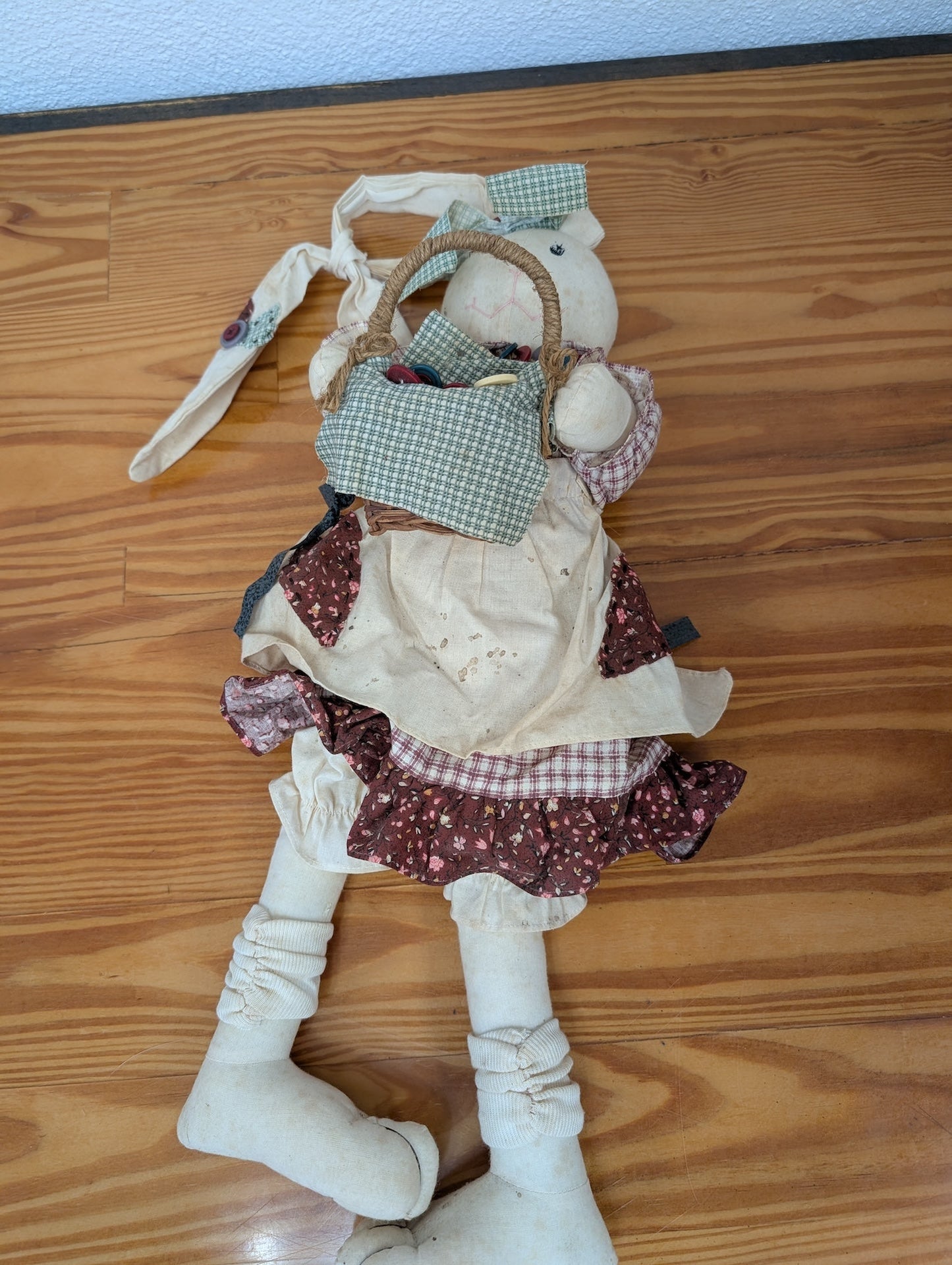 Folk Art Country Rabbit Doll from Handmade - Toys / Decor (Fabric, Muslin Doll, Farmhouse, Country, Folk Art, Cream, Brown, Green, Red)
