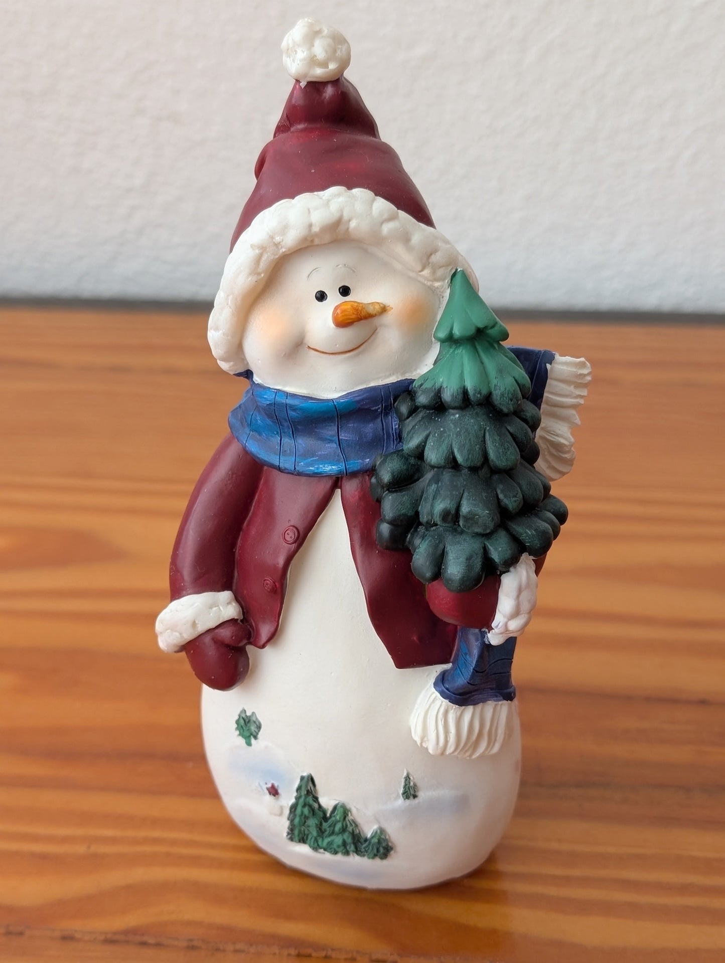 Snowman with Tree from Unknown - 2000s Holiday Decor (Resin Figurine, Traditional, Collectible, Red, White, Blue, Green)