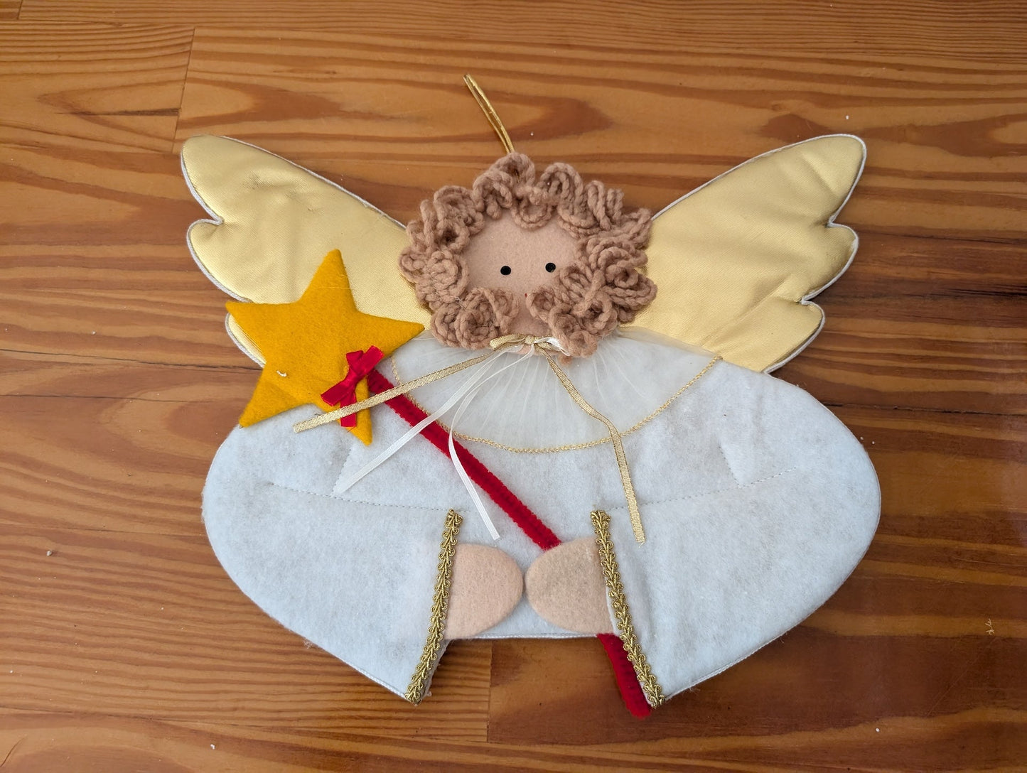 Handmade Felt Angel from Unknown - Holiday Decor (Felt, Yarn, Fabric Wall Decor / Ornament, Handmade, Craft, Whimsical, White, Gold, Brown)