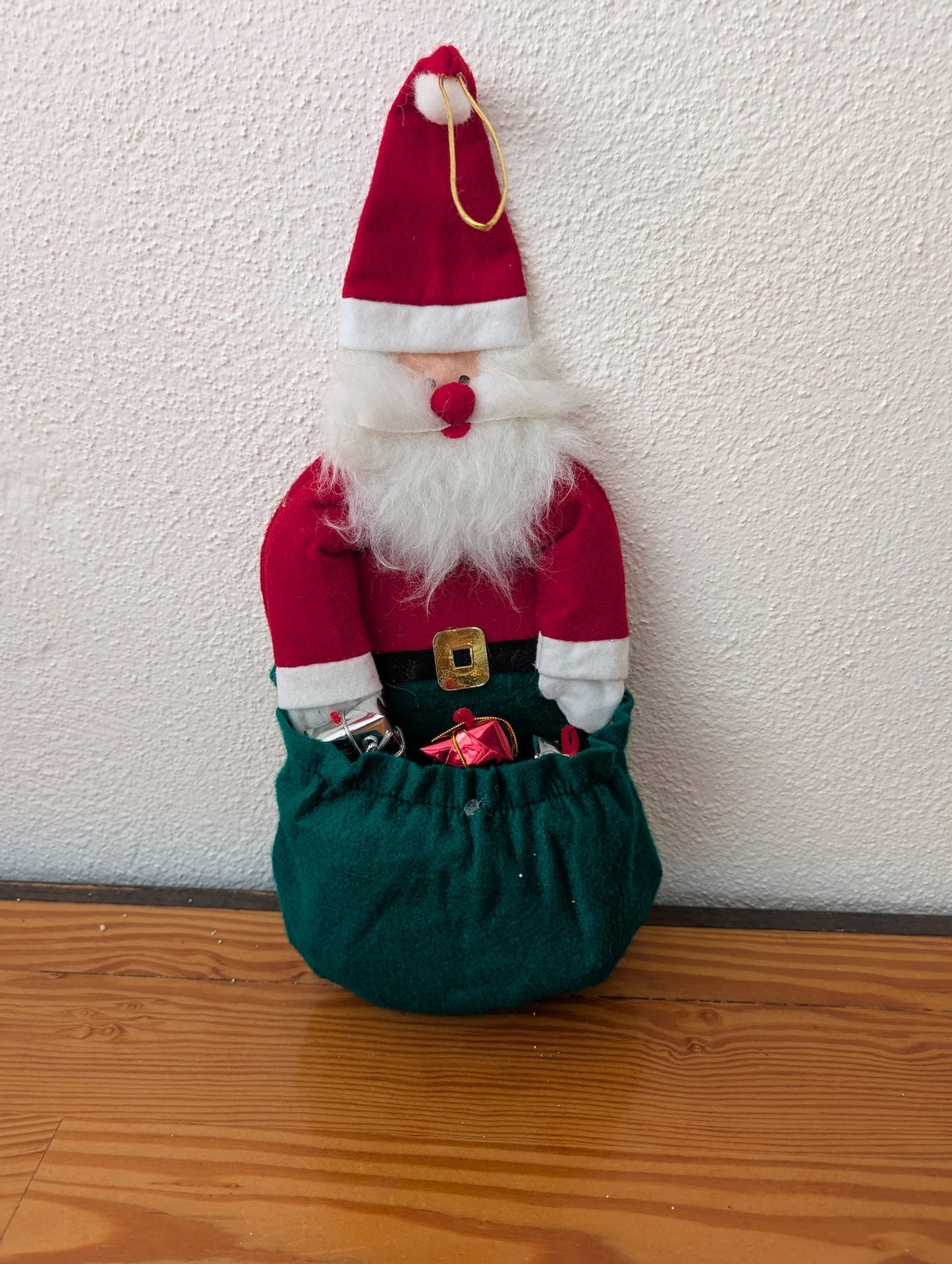 Santa in a Gift Bag from Unknown - Holiday Decor (Fabric, Felt, Plush Figurine / Doorstop, Traditional, Whimsical, Red, Green, White)