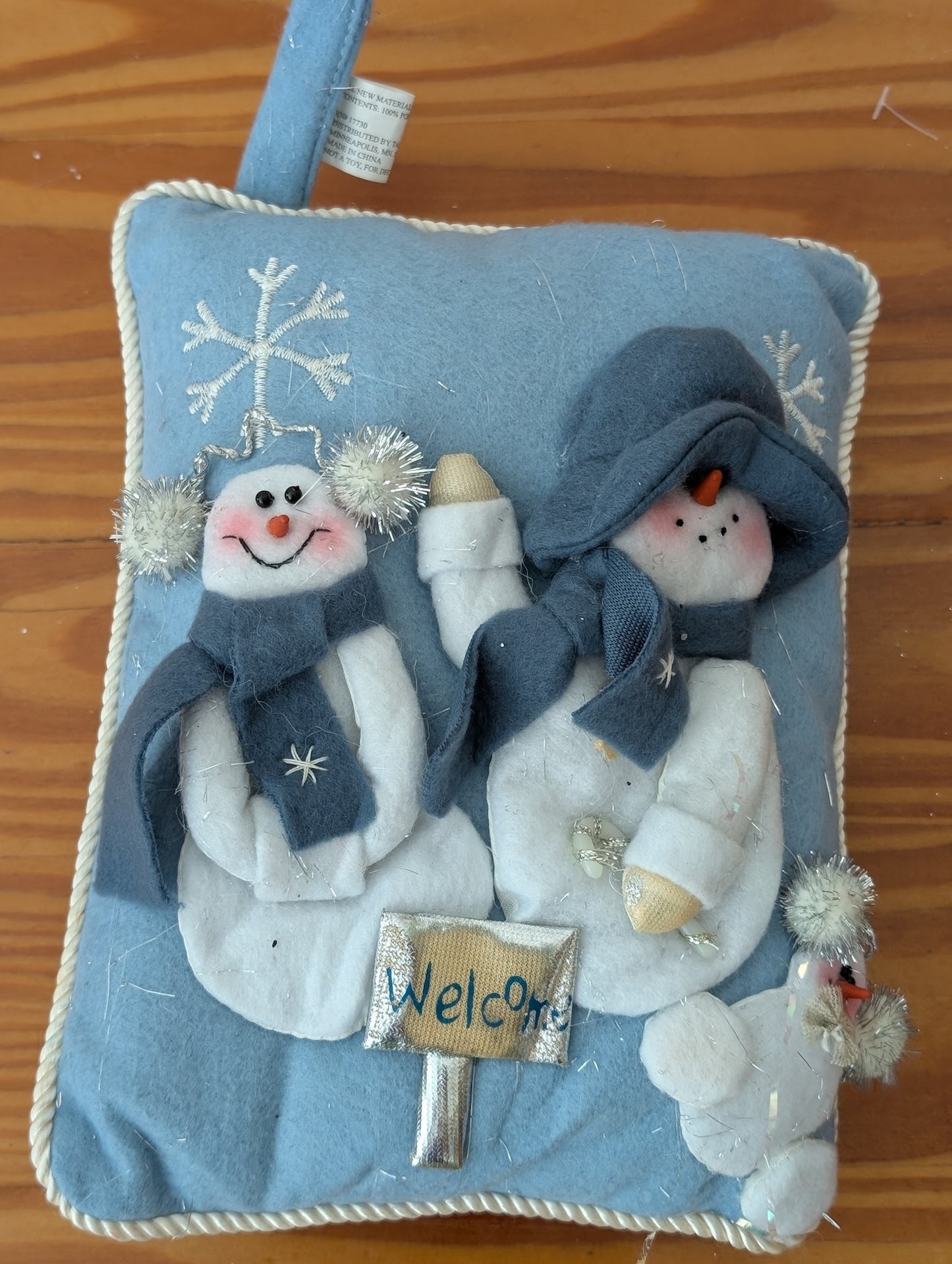 Snowman "Welcome" Pillow from Unknown - Home Decor (Felt, Fabric, Plush Decorative Pillow, Country, Handmade, Whimsical, Light Blue, White)