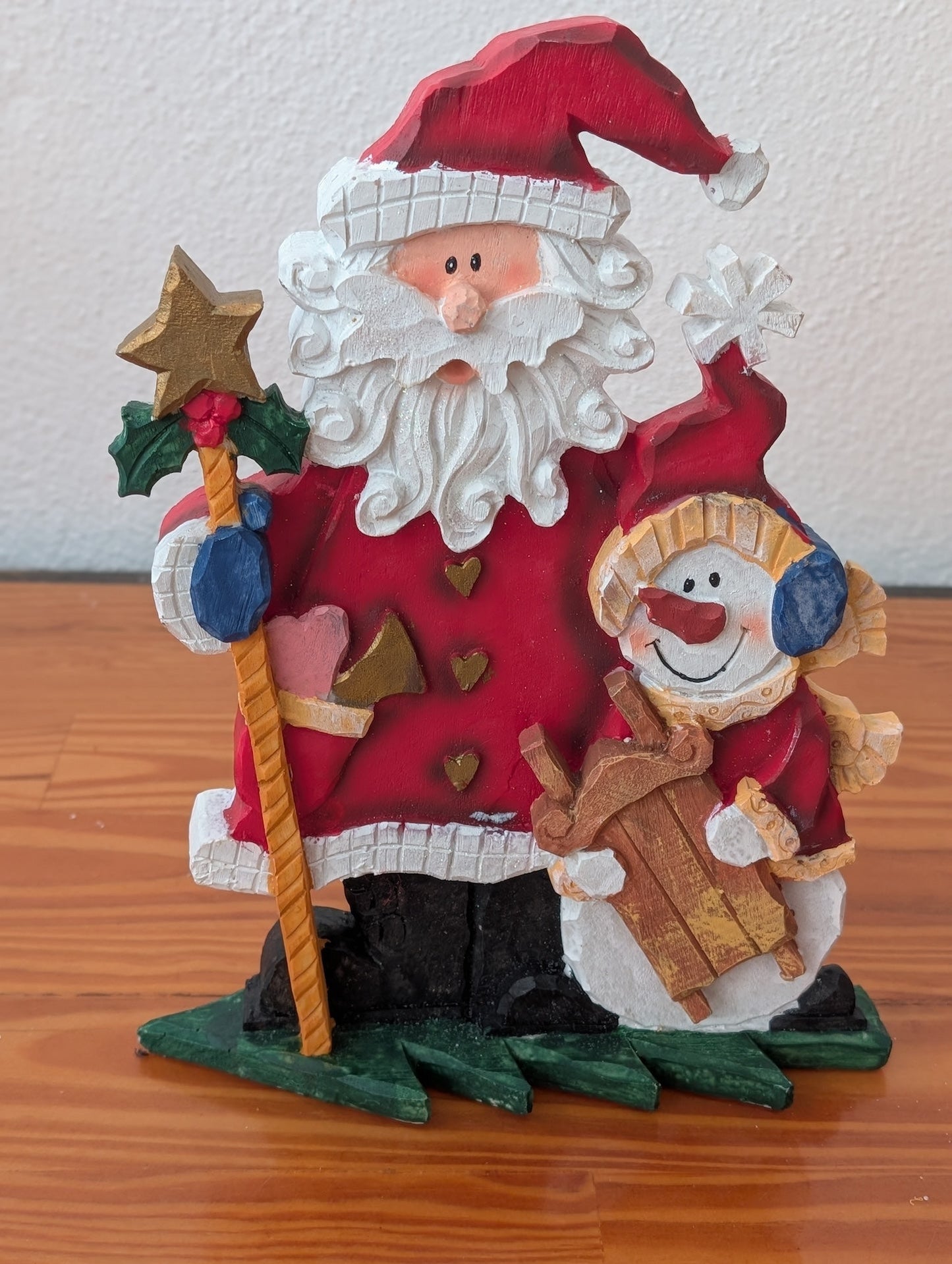 Santa and Snowman Pals from Unknown - Holiday Decor (Resin Figurine, Rustic, Folk Art, Country, Red, White, Wood Tones)