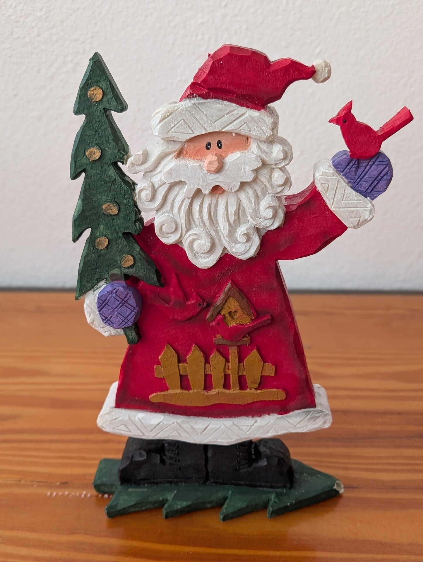 Santa with Tree and Cardinal from Unknown - Holiday Decor (Resin Figurine, Rustic, Folk Art, Country, Red, White, Green)