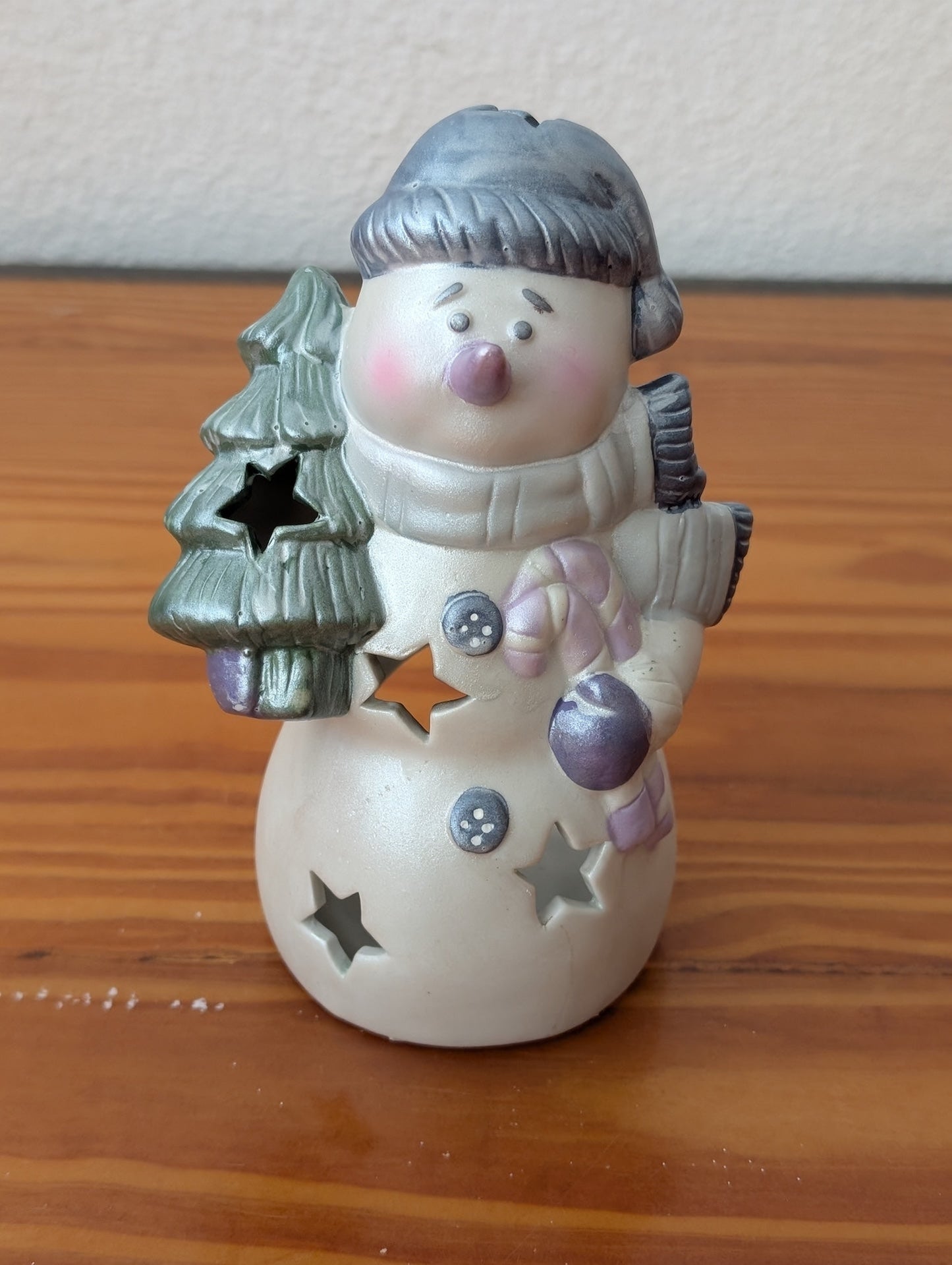 Snowman Tealight Holder from Unknown - Holiday Decor (Ceramic Tealight Holder, Whimsical, Pearlescent White, Grey)