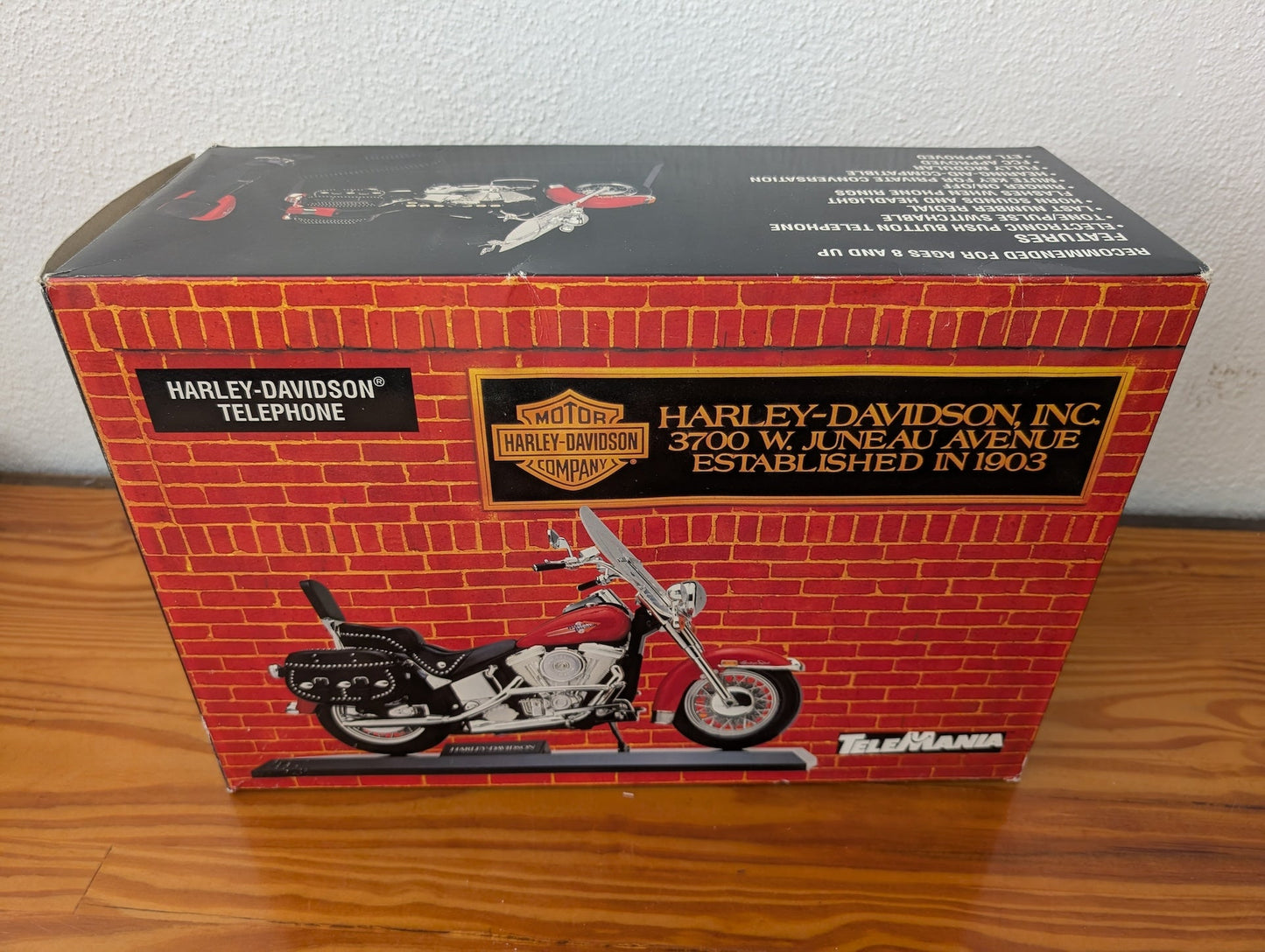 Harley-Davidson Telephone in Box from TeleMania - 1990s Collectibles (Cardboard Product Packaging, Biker, Collectible, Retro, Red, Black, Orange)