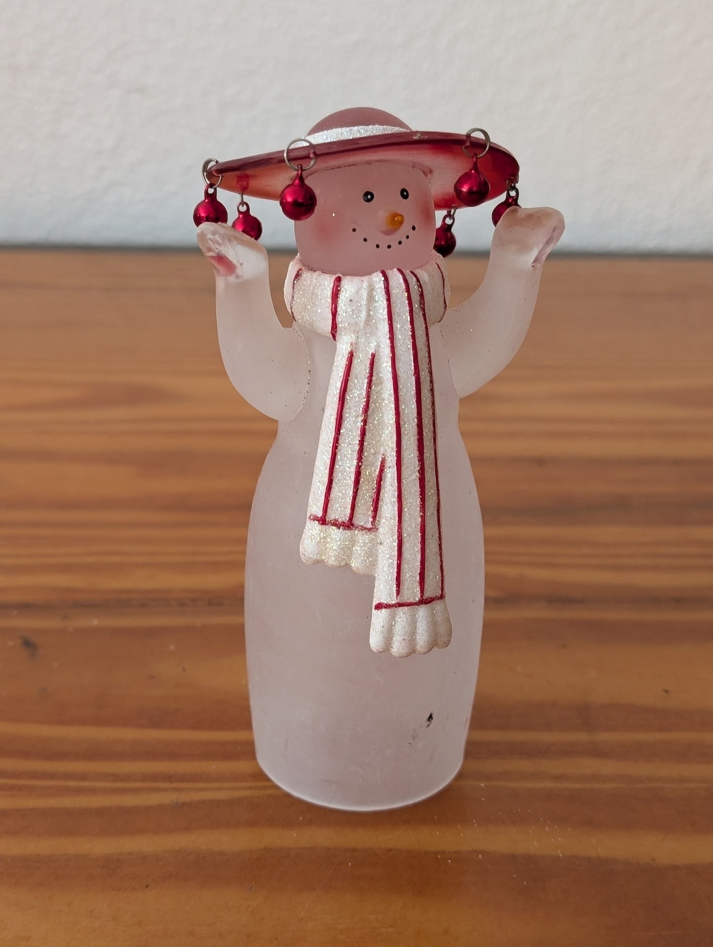 Sombrero-Wearing Glass Snowman from Unknown - Holiday Decor (Glass, Metal, Paint Glass Figurine, Christmas, Holiday, Whimsical, Kitsch, White (frosted), Red)