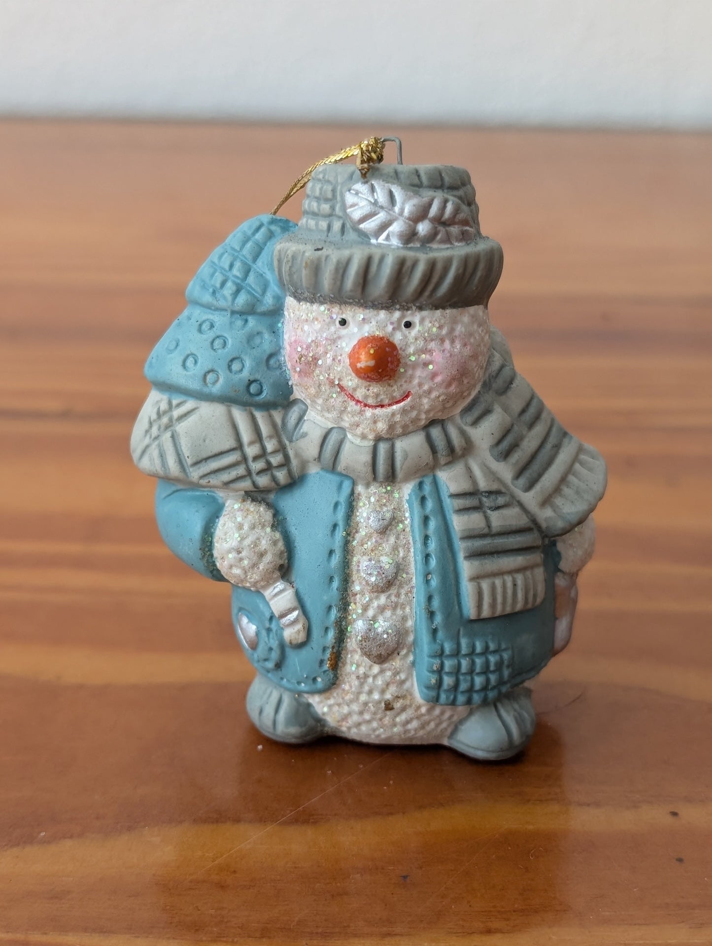 Snowman with Tree Ornament from Unknown - Holiday Decor (Resin, Glitter Christmas Ornament, Christmas, Holiday, Traditional, Blue, Grey, White)