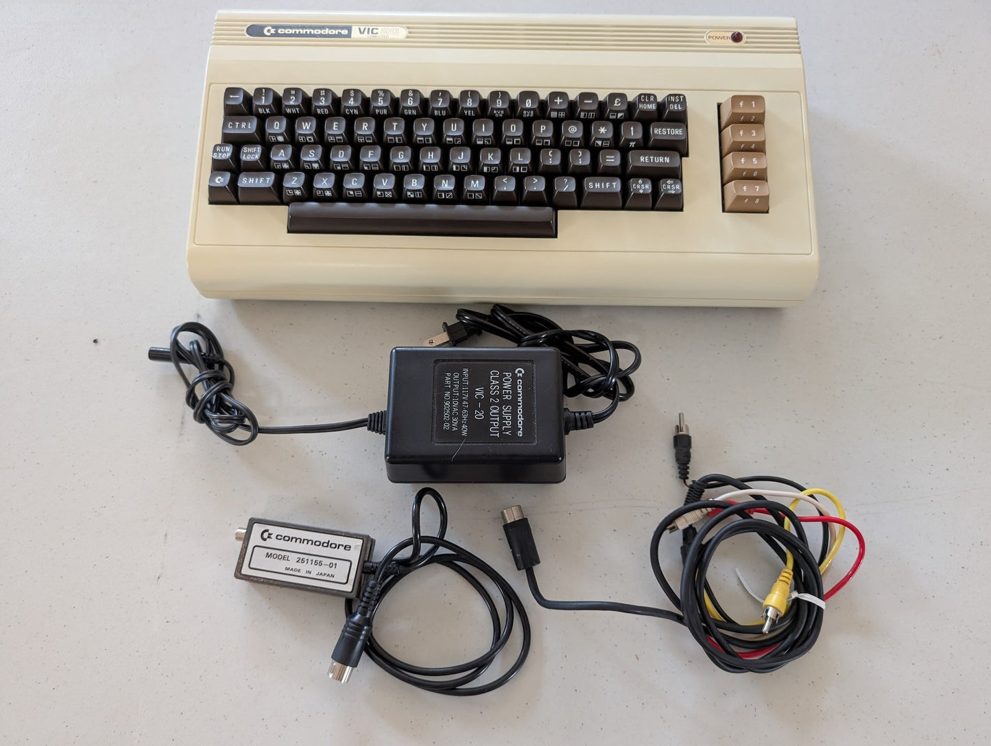 Commodore Vic 20 computer with power supply and video cable and RF video cable Serial # V096061
