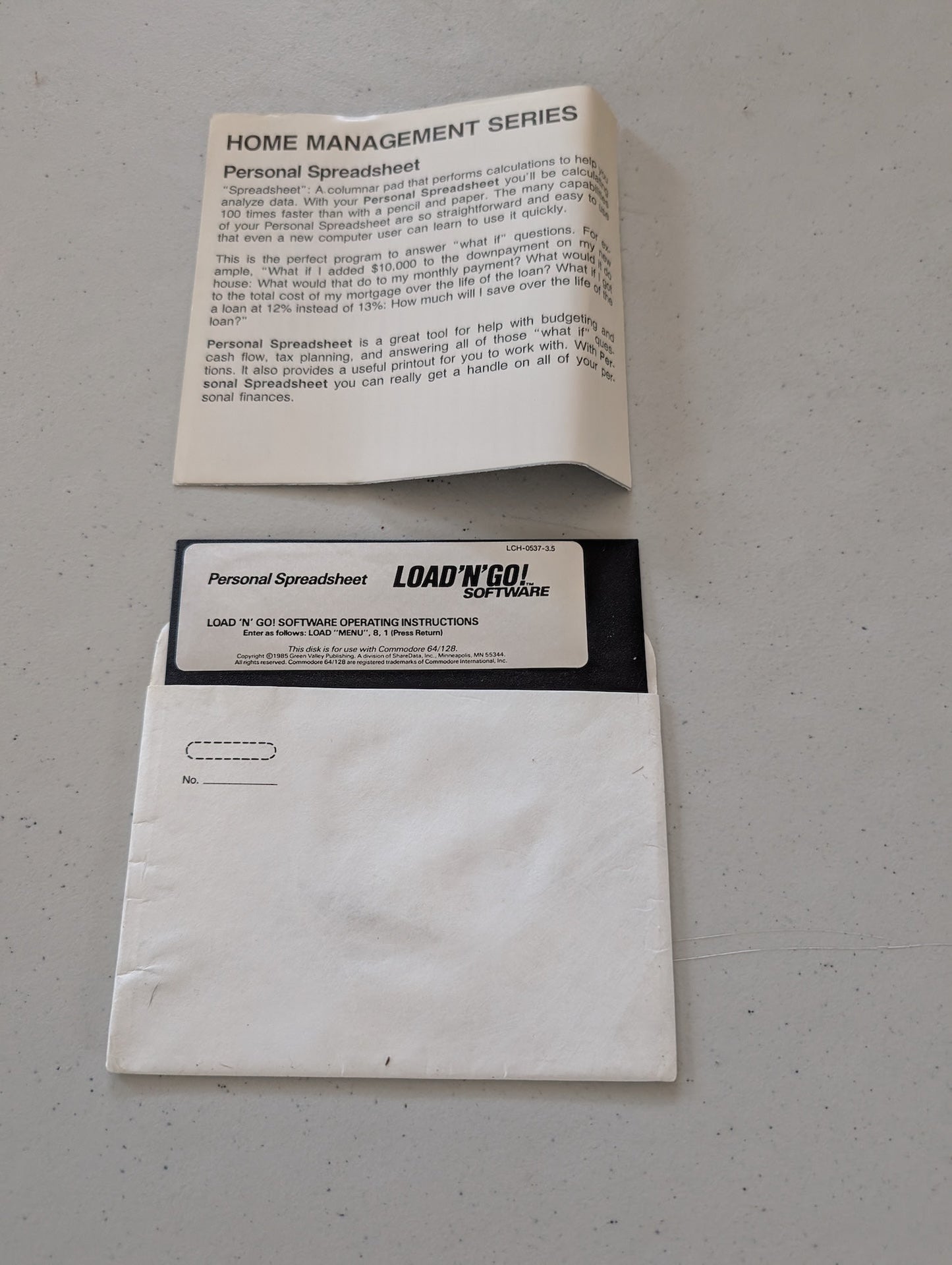 Personal Spreadsheet LOAD'N'GO! software floppy disk for Commodore 64/128 with instructions 1985
