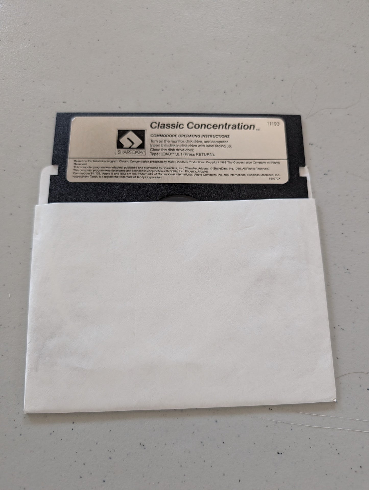 Classic Concentration floppy disk from 1988, by ShareData Inc., for Commodore