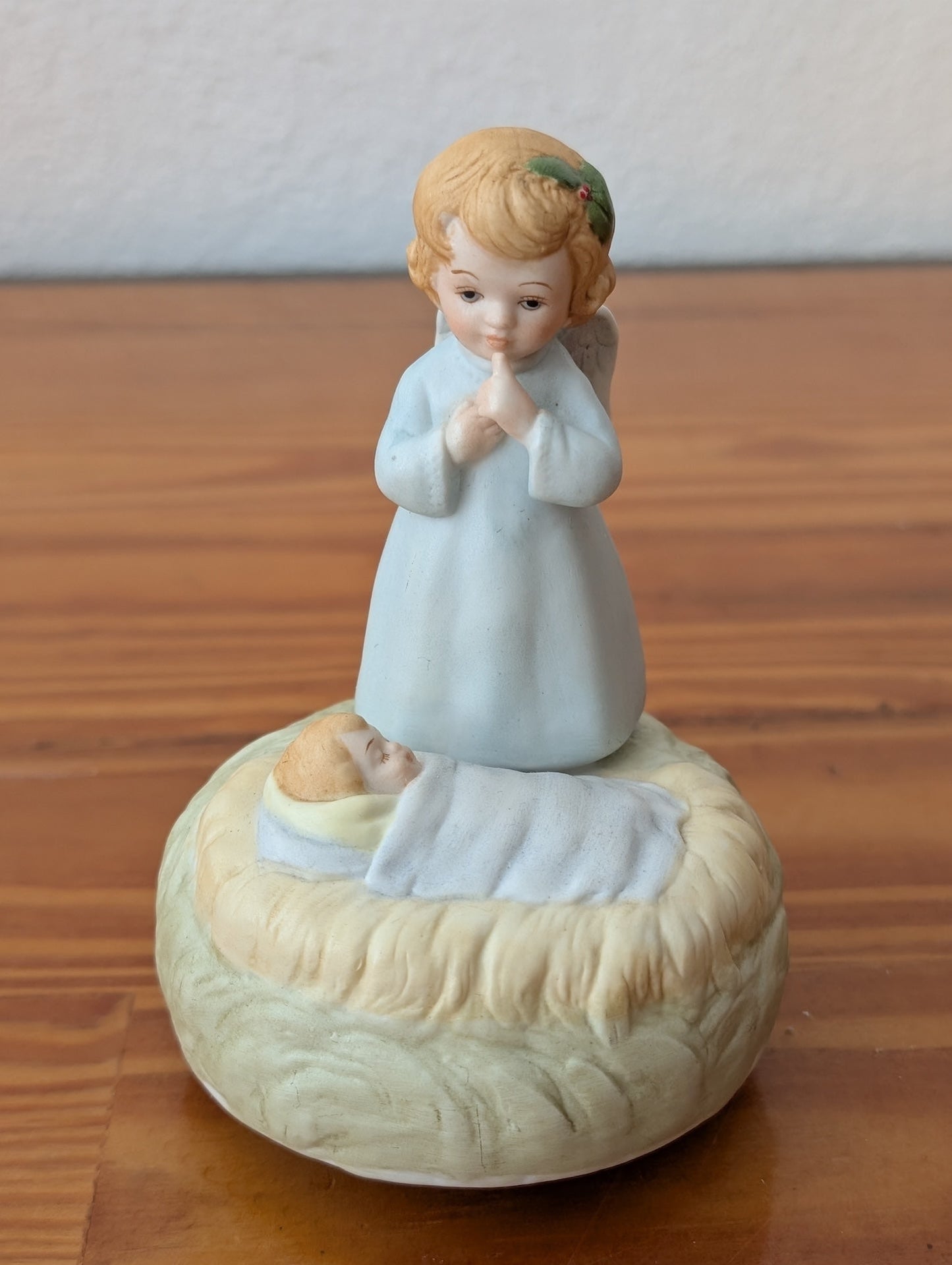 Angel with Baby Jesus from Unknown - Holiday Decor (Ceramic, Porcelain Figurine, Traditional, Religious, Light Blue, Cream, Gold, Green)