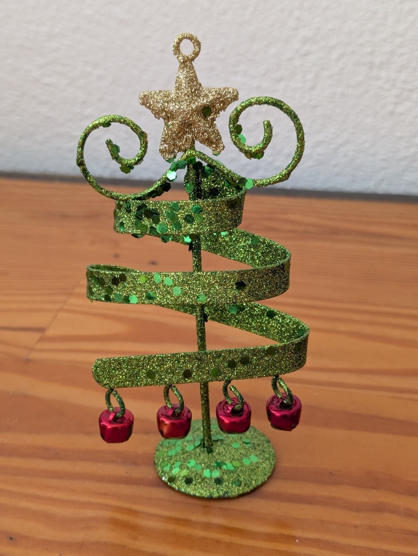 Spiral Ribbon Metal Tree from Unknown - Holiday Decor (Metal, Glitter, Bells Decor, Modern, Whimsical, Green, Gold, Red)