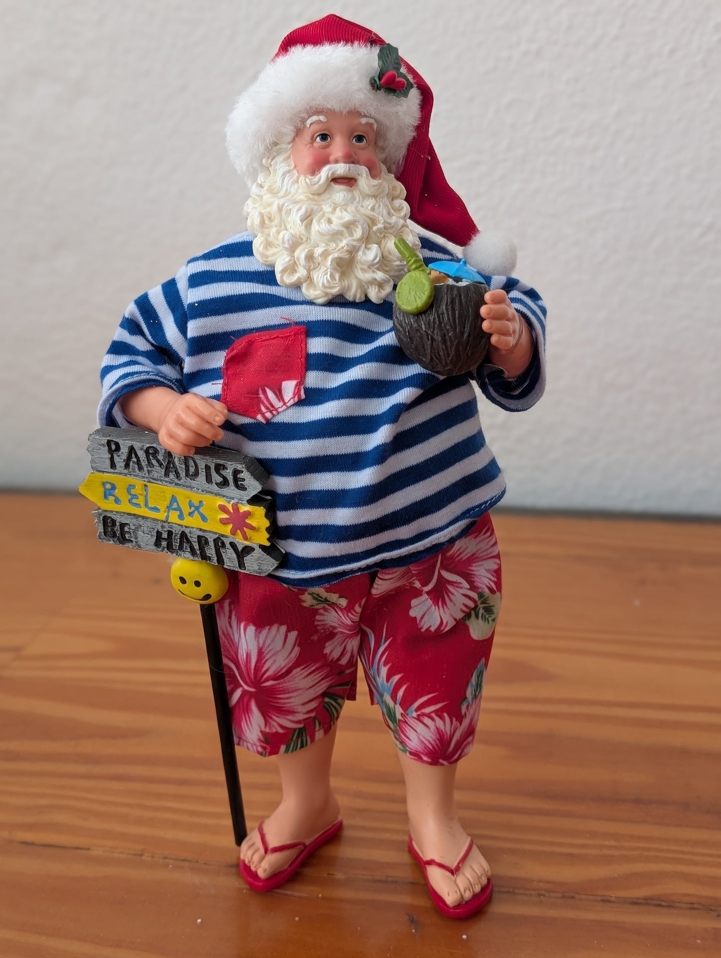 Coastal / Tropical Santa from Unknown - Holiday Decor (Resin, Fabric Figurine, Coastal, Tropical, Whimsical, Red, White, Blue, Green)