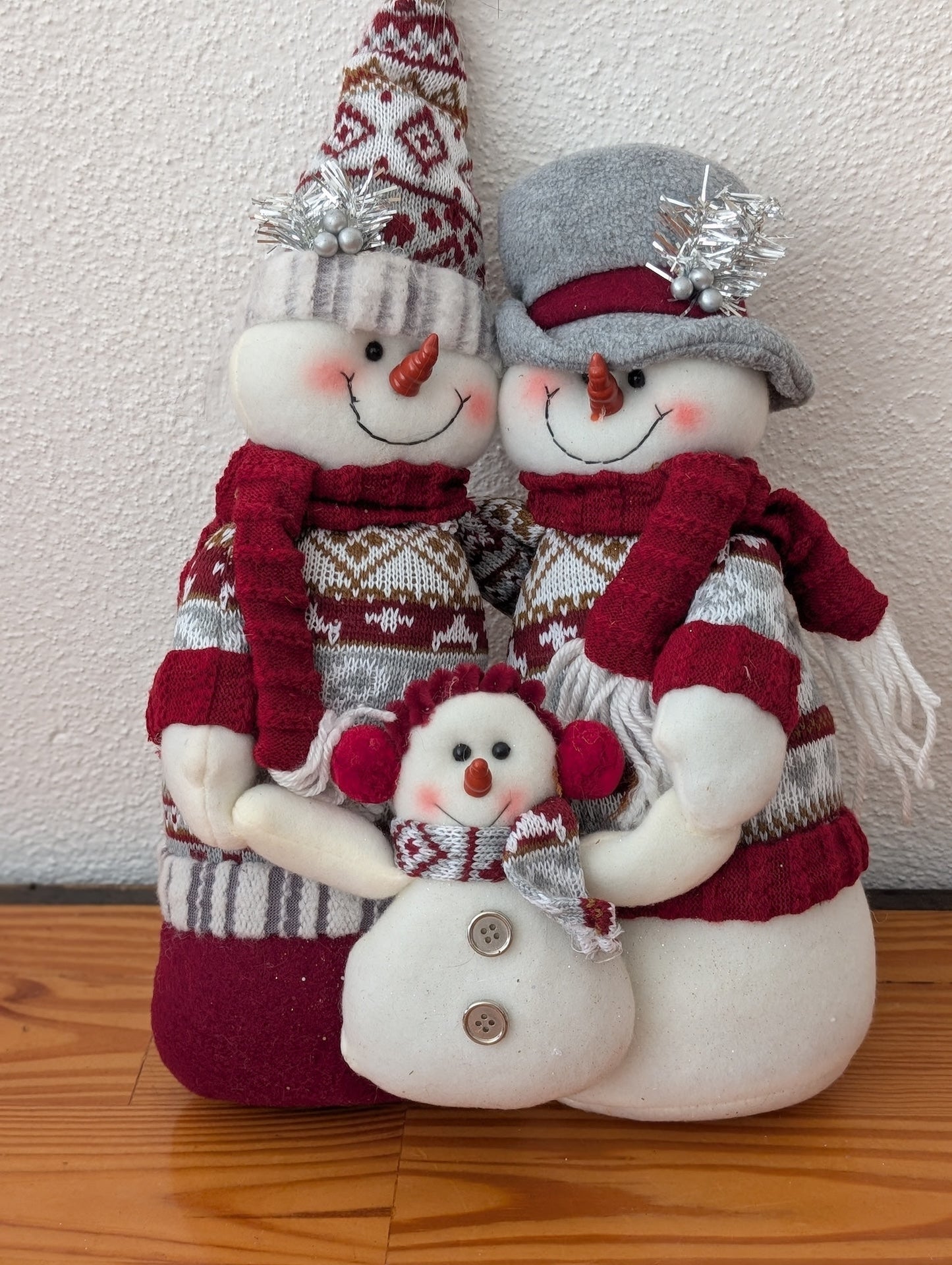 Snowman Family from Unknown - Holiday Decor (Fabric Figurine / Decor, Rustic, Farmhouse, Traditional, White, Red, Grey, Brown)