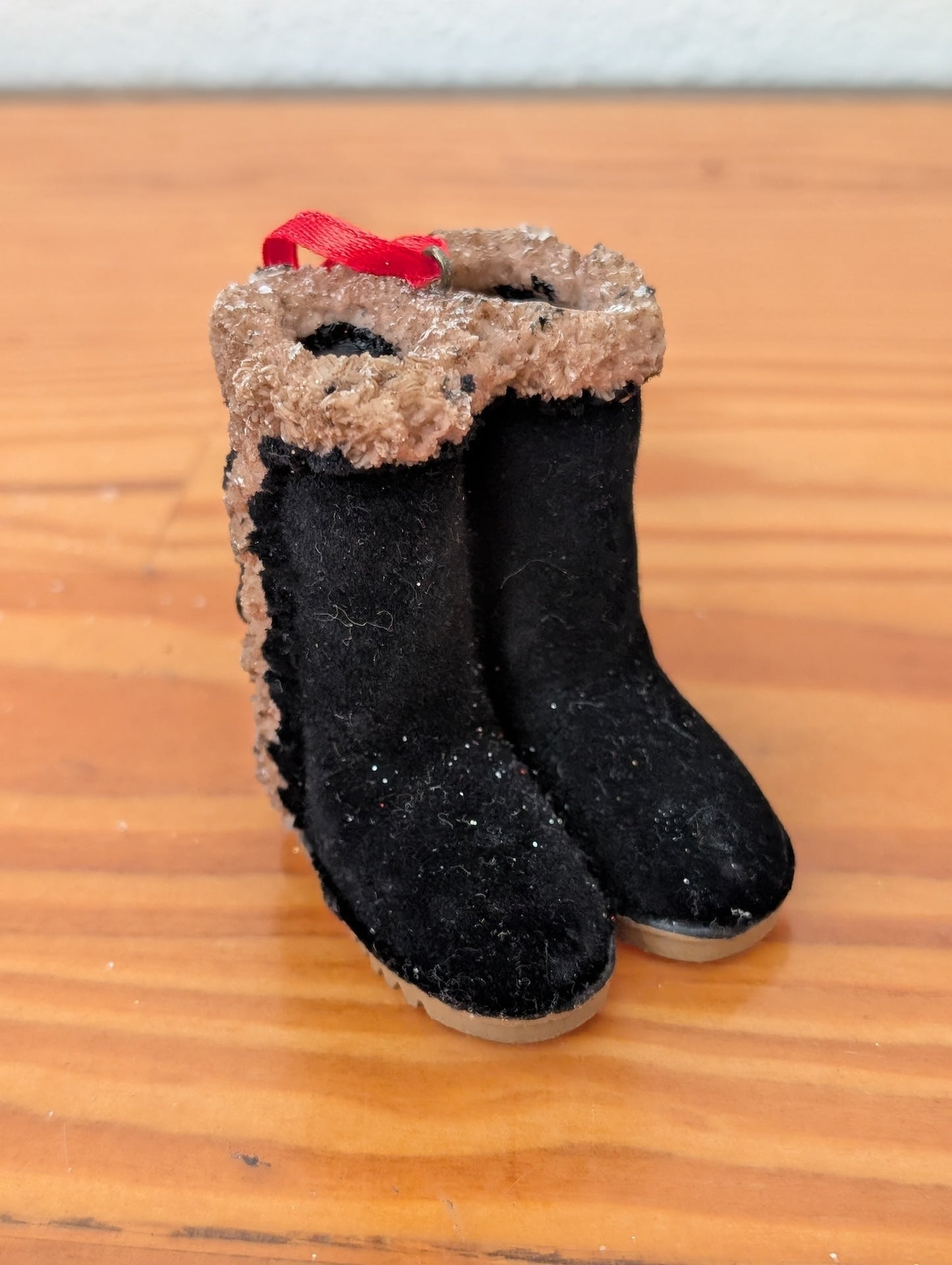 Mini Boots Ornament from Unknown - Ornaments (Plastic, Flocking, Fabric Ornament, Rustic, Cabin, Black, Brown, Red)