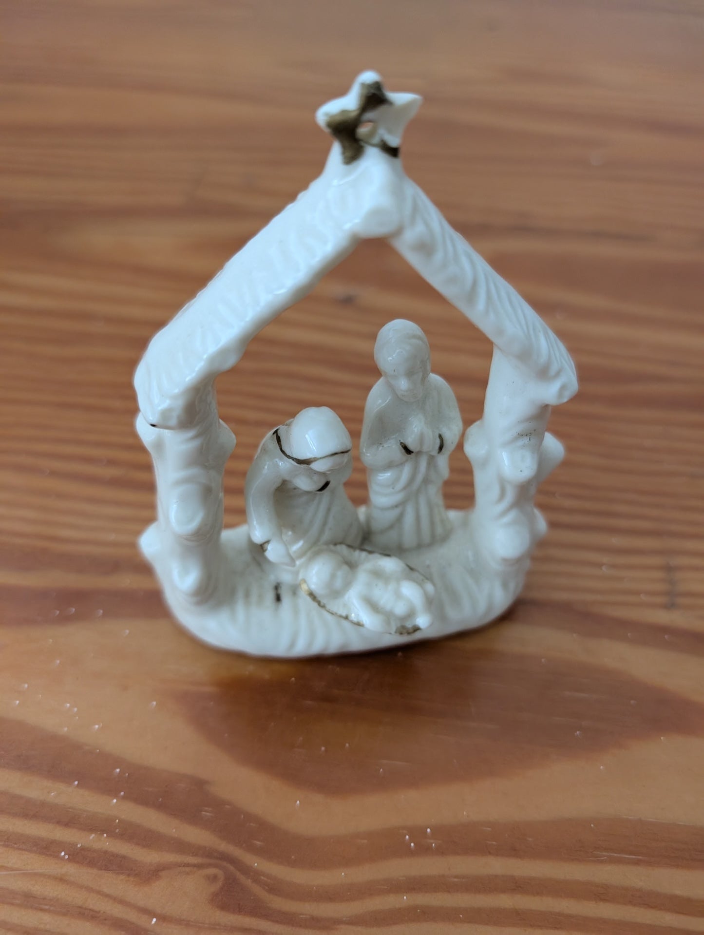 Miniature Nativity Scene from Unknown - Holiday Decor (Ceramic Figurine, Traditional, Religious, Minimalist, White, Gold)