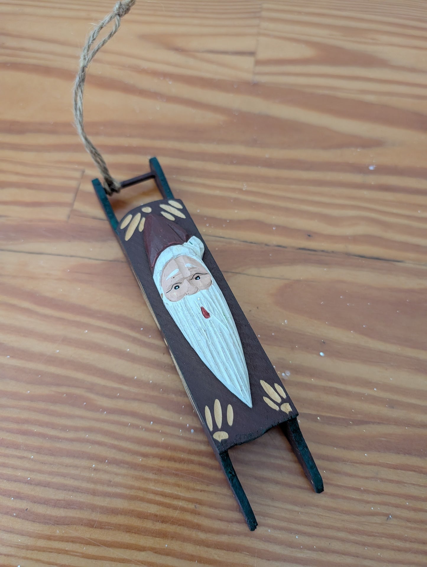 Santa Sled Ornament from Unknown - Ornaments (Wood Ornament, Rustic, Folk Art, Cabin, Brown, Red, White)