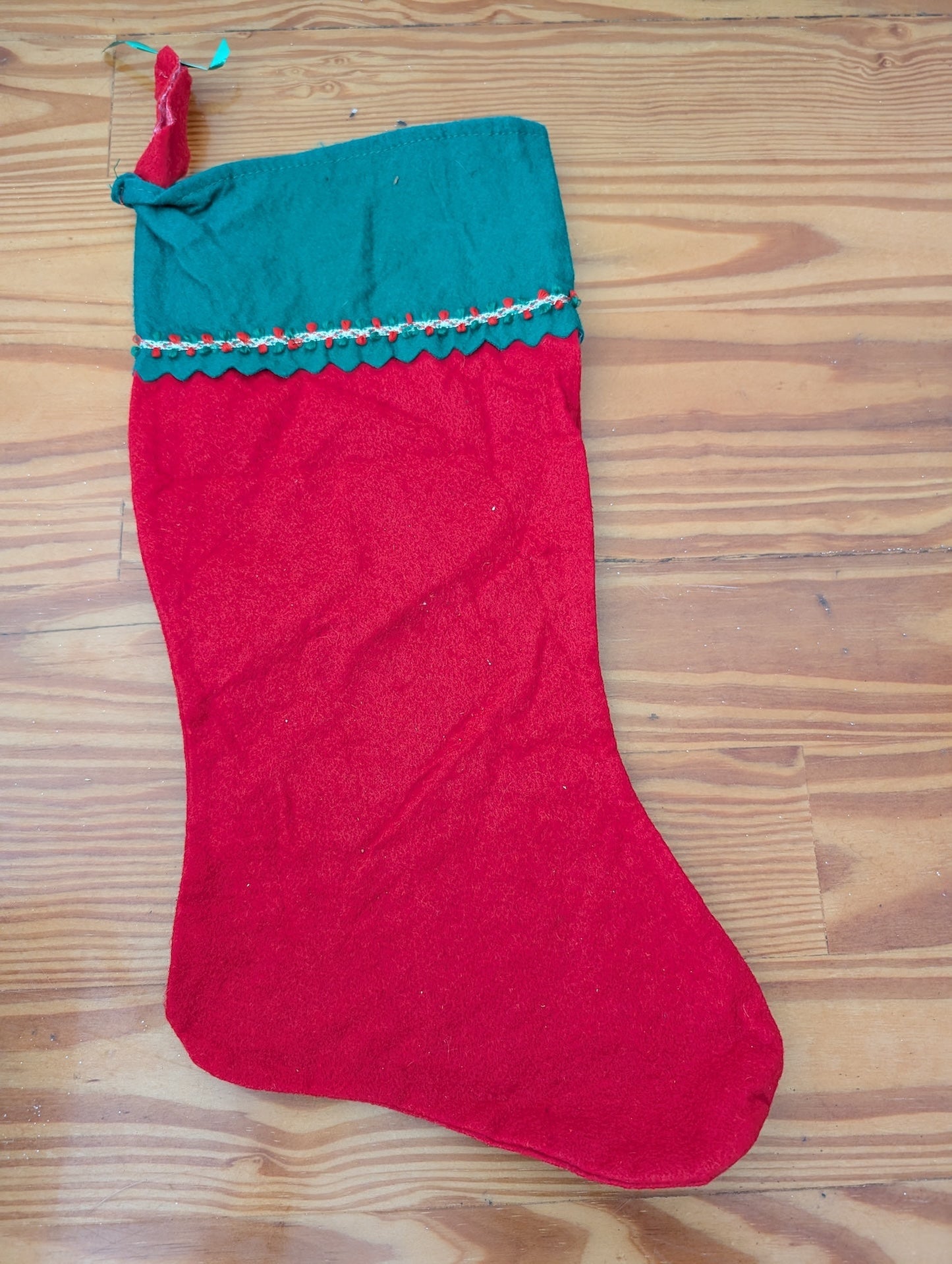 Red and Green Felt Stocking from Unknown - Linens (Felt, Ribbon Stocking, Traditional, Kids, Red, Green, White)