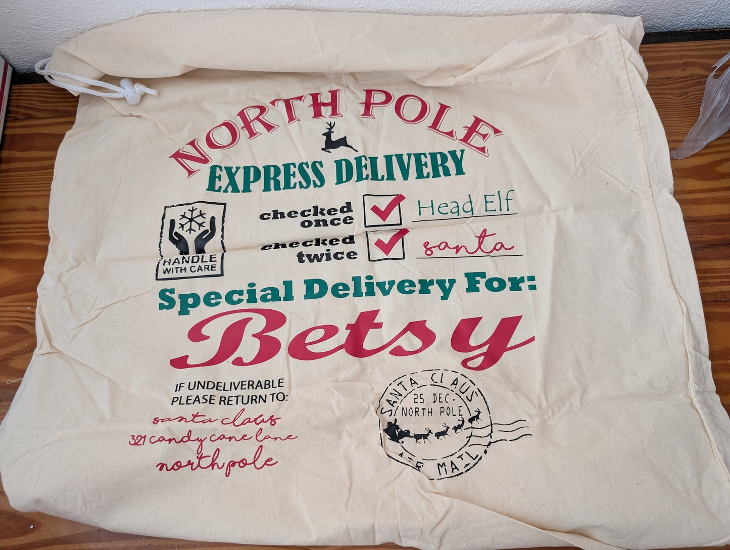 Personalized Santa Sack from Unknown - Linens (Canvas Gift Packaging, Traditional, Farmhouse, Cream, Red, Green)