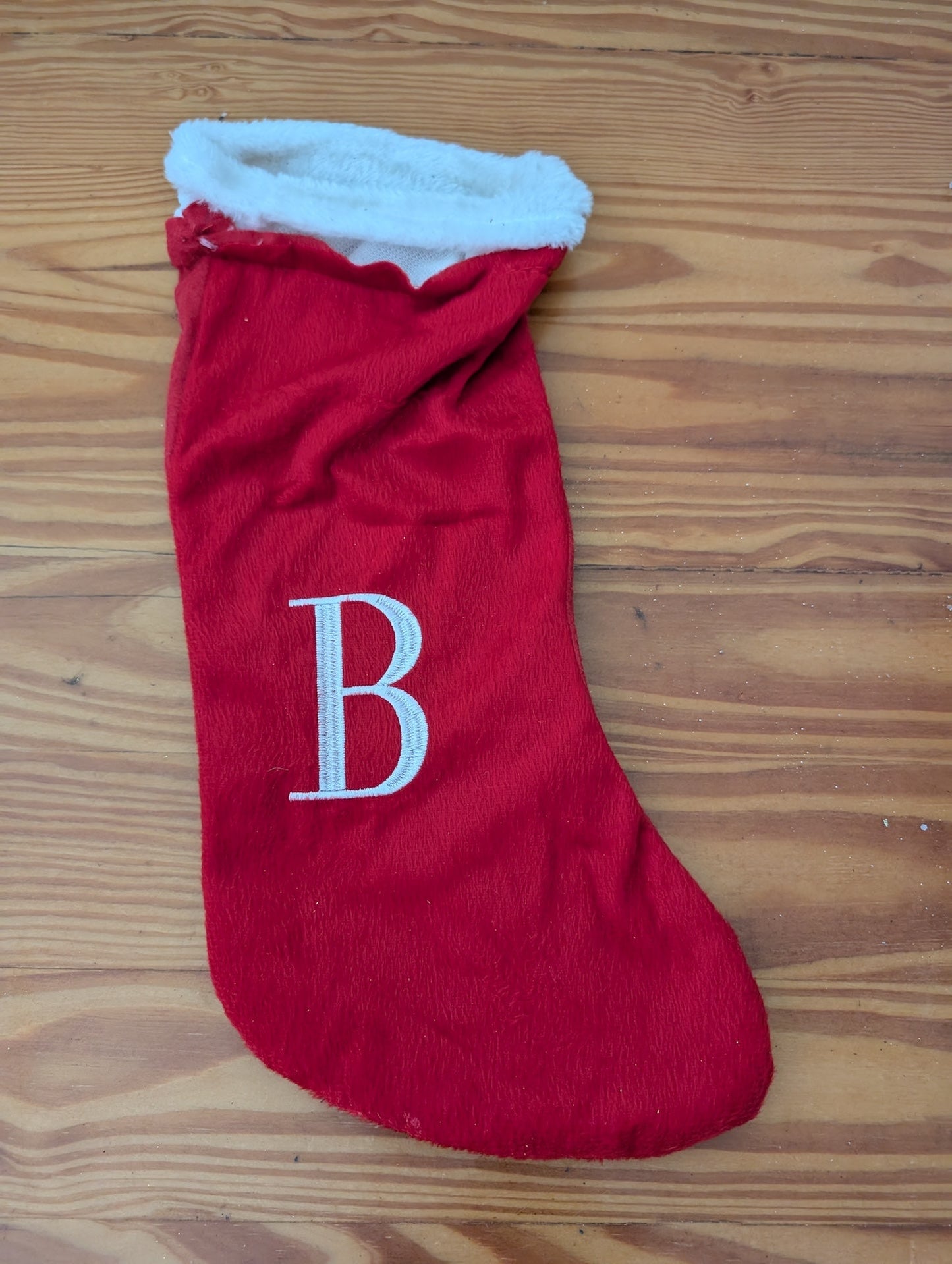 Monogram "B" Christmas Stocking from Unknown - Linens (Plush Fabric, Sherpa Stocking, Traditional, Red, White)