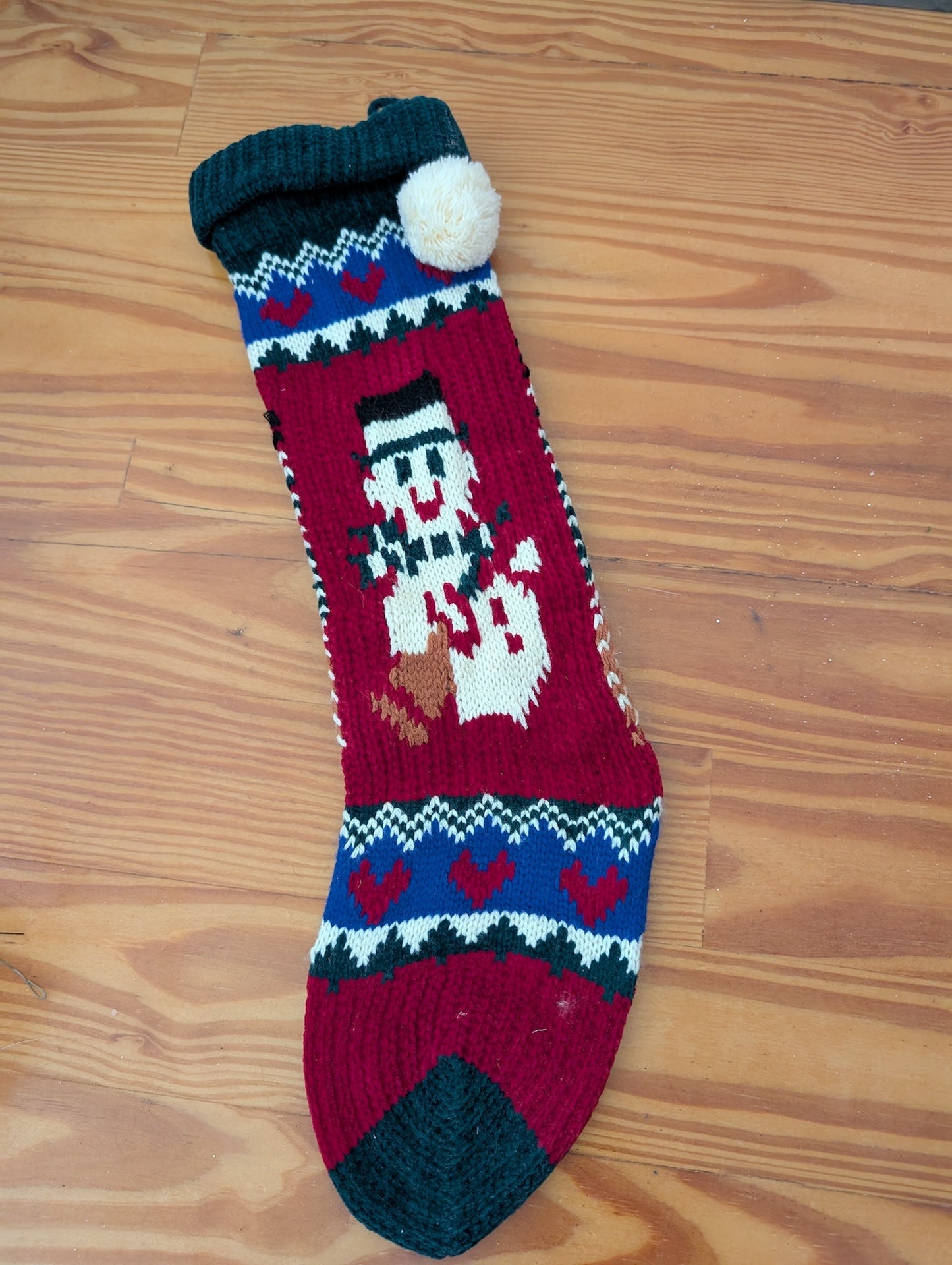 Knitted Snowman Stocking from Unknown - Linens (Wool or Acrylic Yarn Stocking, Scandinavian, Rustic, Folk Art, Red, Green, Blue, White)