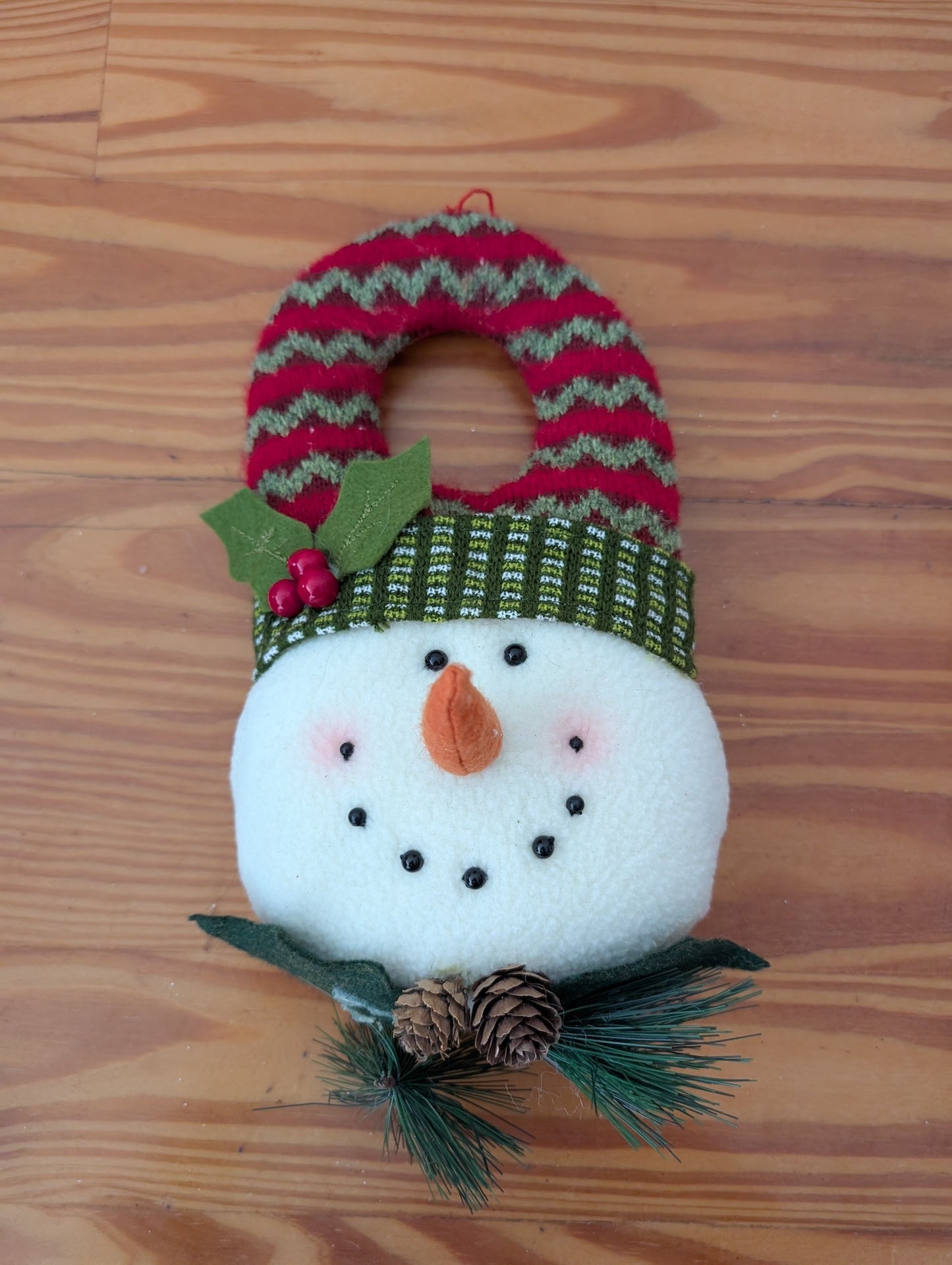 Snowman Head Door Hanger from Unknown - Holiday Decor (Fabric, Knit, Pinecones Decor, Rustic, Farmhouse, White, Red, Green)