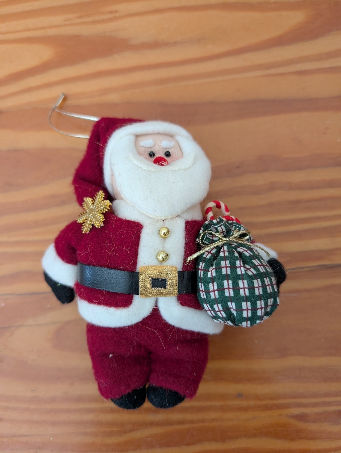 Plush Santa Ornament with Plaid Bag from Unknown - Ornaments (Fabric, Felt Ornament, Traditional, Rustic, Red, White, Green)