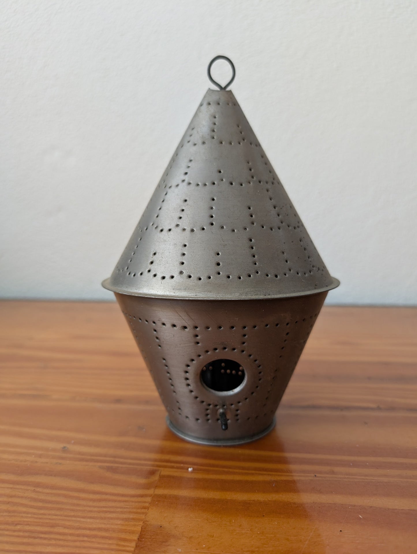 Punched Tin Lantern from Unknown - Home / Garden Decor (Tin / Metal Lantern / Bird Feeder, Primitive, Colonial, Rustic, Farmhouse, Grey / Pewter)