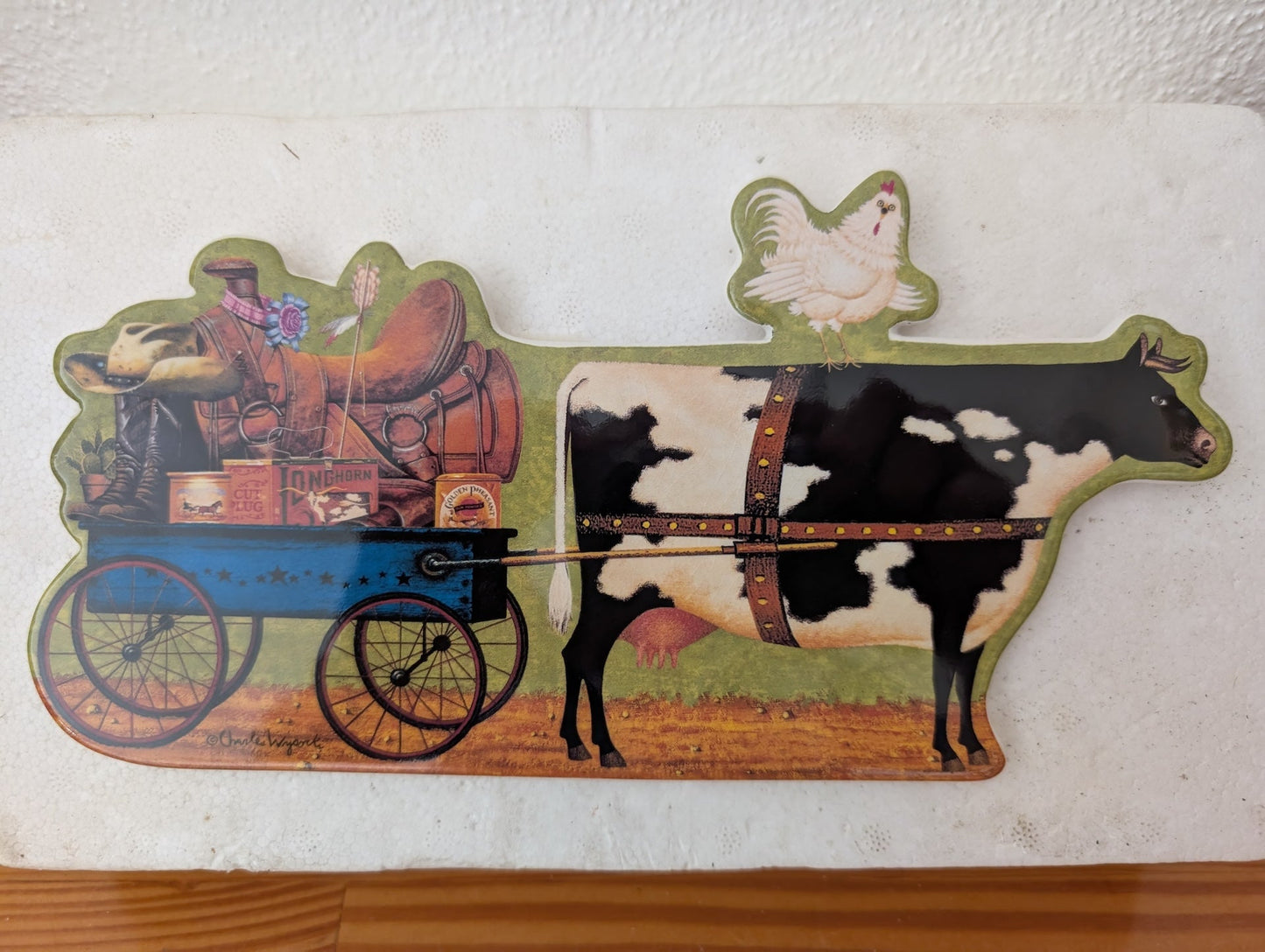 Cow and Chuckwagon from Unknown - Wall Decor (Wood (MDF), Decoupage Wall Plaque, Farmhouse, Country, Western, Blue, Brown, Black, White)