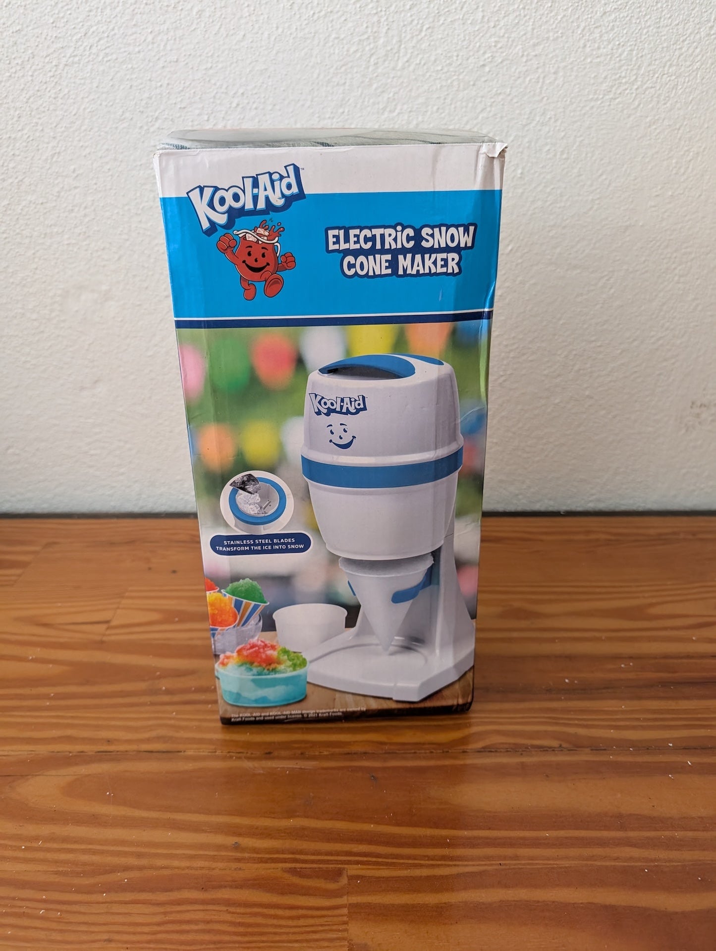Electric Snow Cone Maker from Kool-Aid / Nostalgia Electrics (likely mfg) - 2010s Kitchenware (Plastic, Stainless Steel Kitchen Appliance, Retro, Kids, Kitchen, White, Blue)