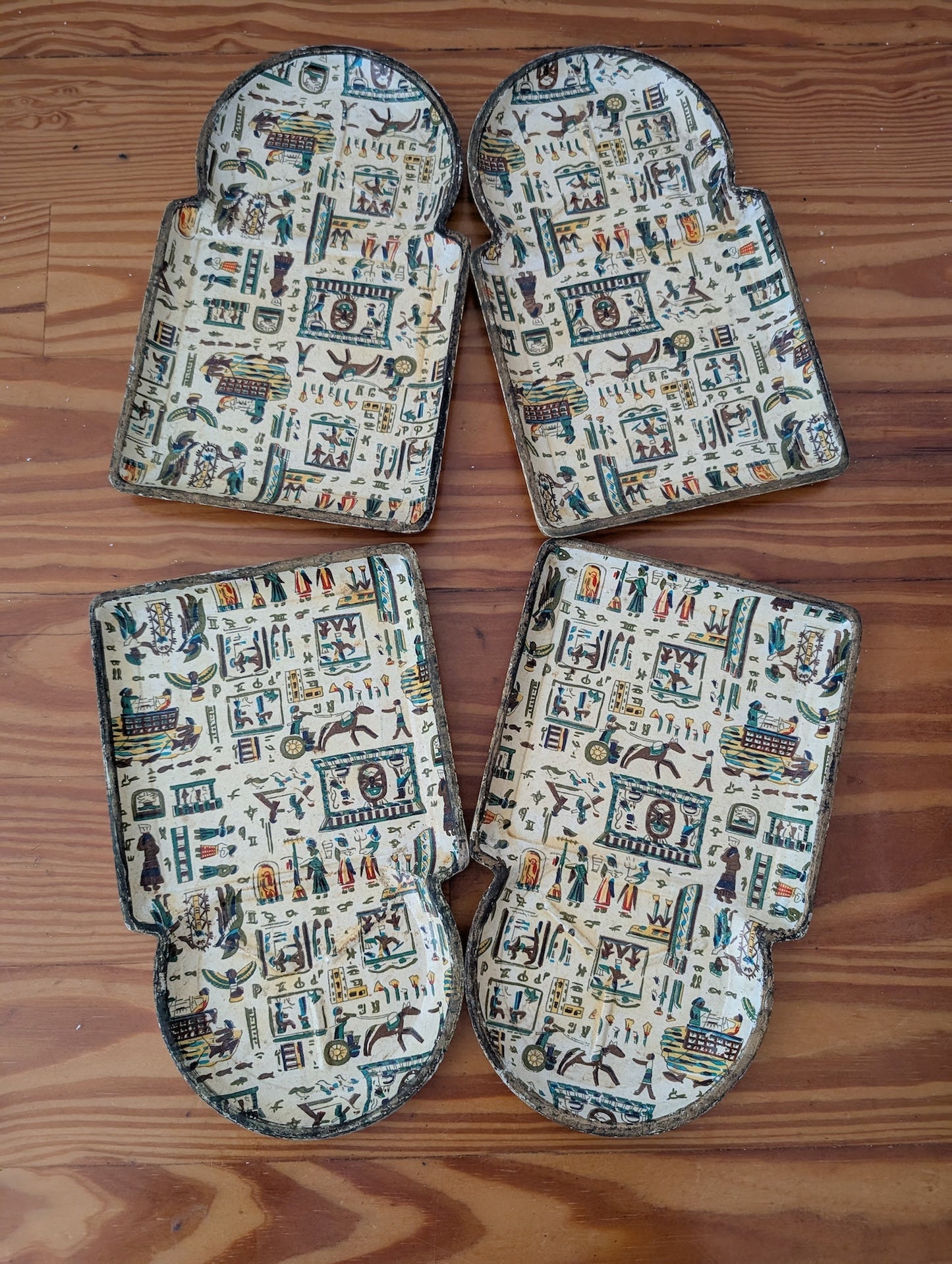Egyptian Themed Trays from Unknown - 1960s-1970s Tableware (Metal, Cork (likely on back) Snack Trays, Eclectic, Mid-Century Modern, Kitsch, Beige, Teal, Brown)