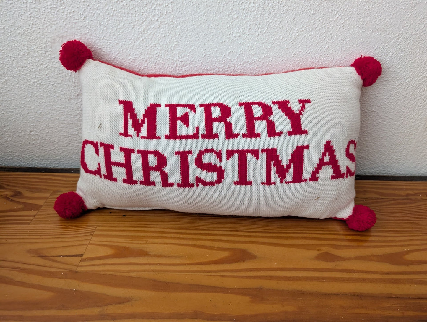 "Merry Christmas" Knit Pillow from Unknown - Holiday Decor (Knit Fabric (Acrylic/Cotton) Decorative Pillow, Christmas, Farmhouse, White, Red)
