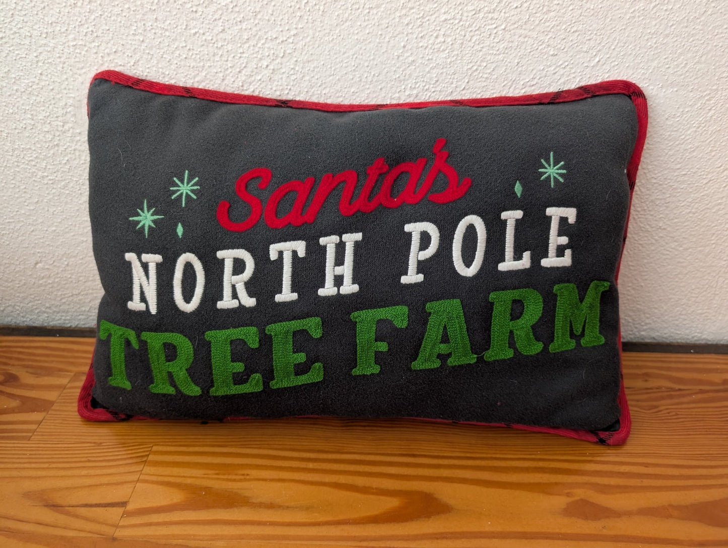 "North Pole Tree Farm" Pillow from Unknown - Holiday Decor (Felt or Canvas Decorative Pillow, Christmas, Farmhouse, Rustic, Black, Red, Green, White)