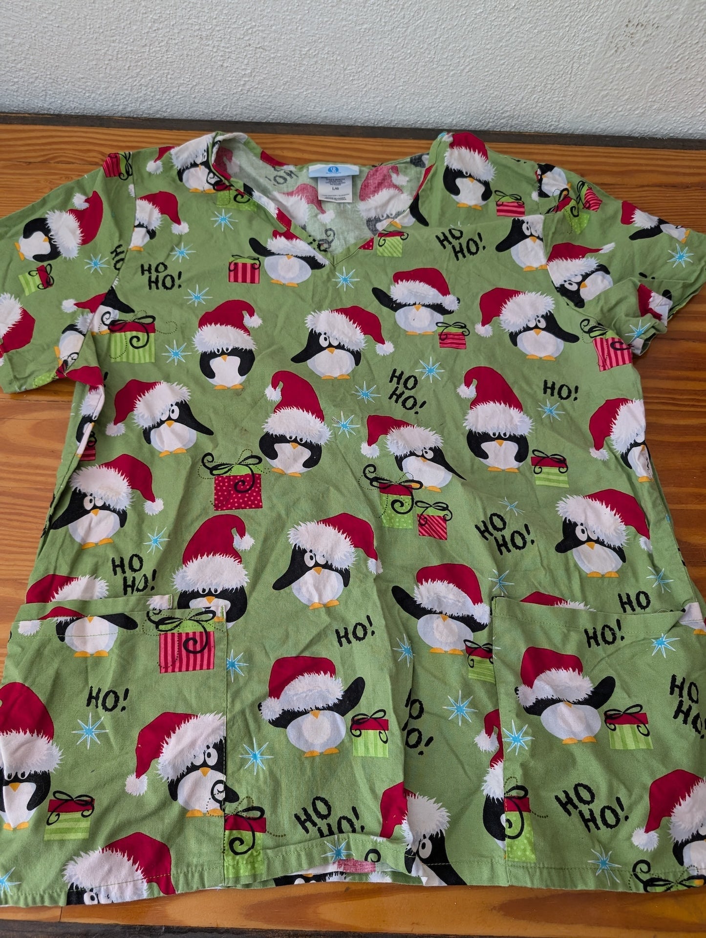 Penguin Christmas Scrub Top from Unknown - Apparel / Workwear (Cotton/Poly Blend Scrub Top, Medical, Christmas, Novelty, Green, Red, Black, White)