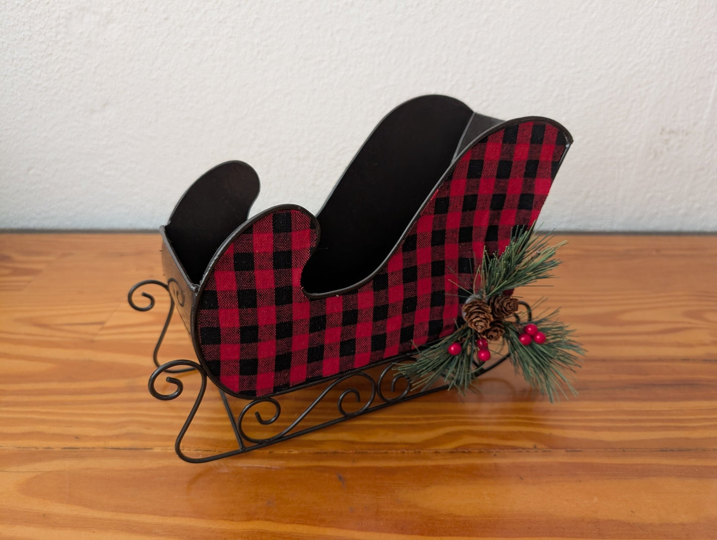 Buffalo Plaid Sleigh from Unknown - Holiday Decor (Metal, Fabric, Plastic Tabletop Decor, Farmhouse, Rustic, Cabin, Black, Red)
