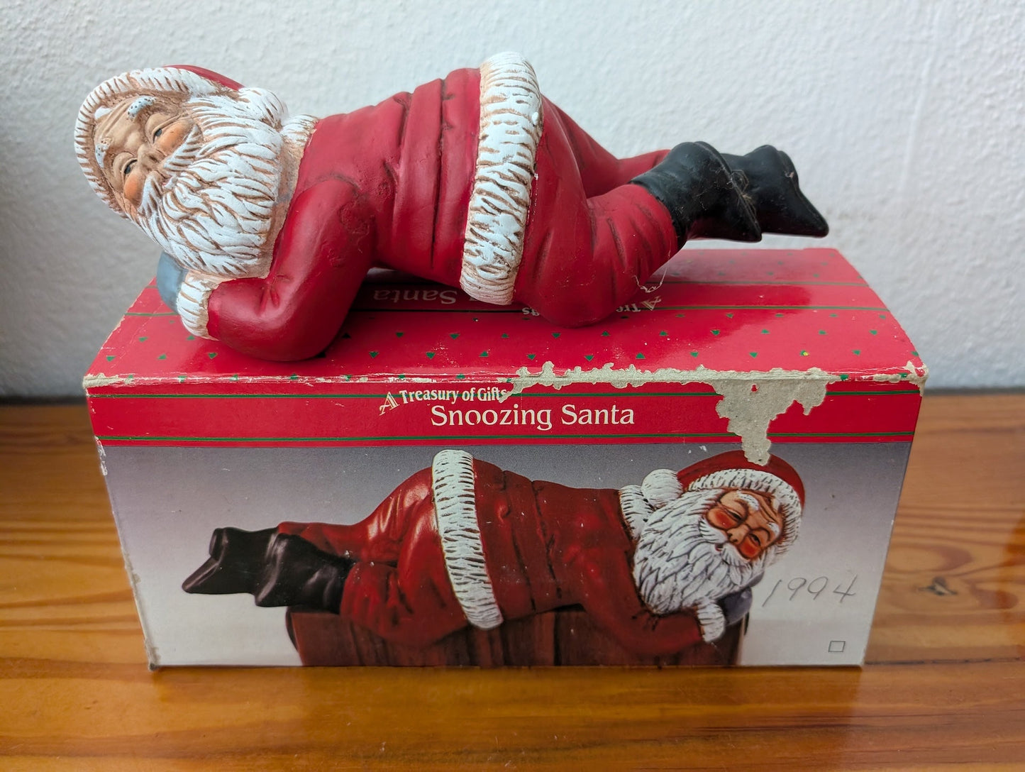 Snoozing Santa from A Treasury of Gifts - 1994 Holiday Decor (Ceramic Figurine, Traditional, Whimsical, Red, White, Black)