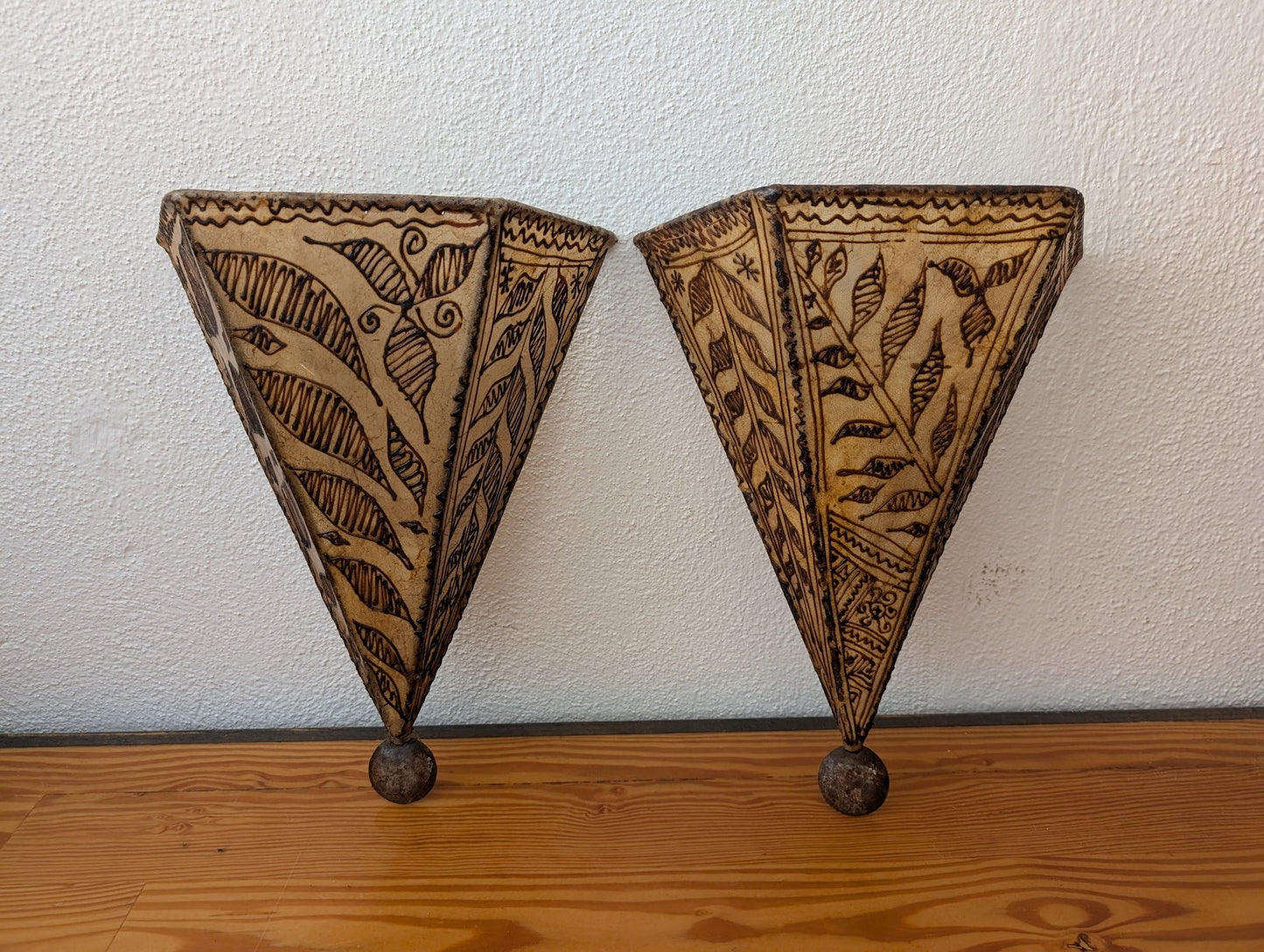Pyrography Wall Pockets from Unknown - Wall Decor (Parchment or Hide, Wood Wall Pockets / Sconces, Bohemian, Rustic, Folk Art, Tan, Brown)