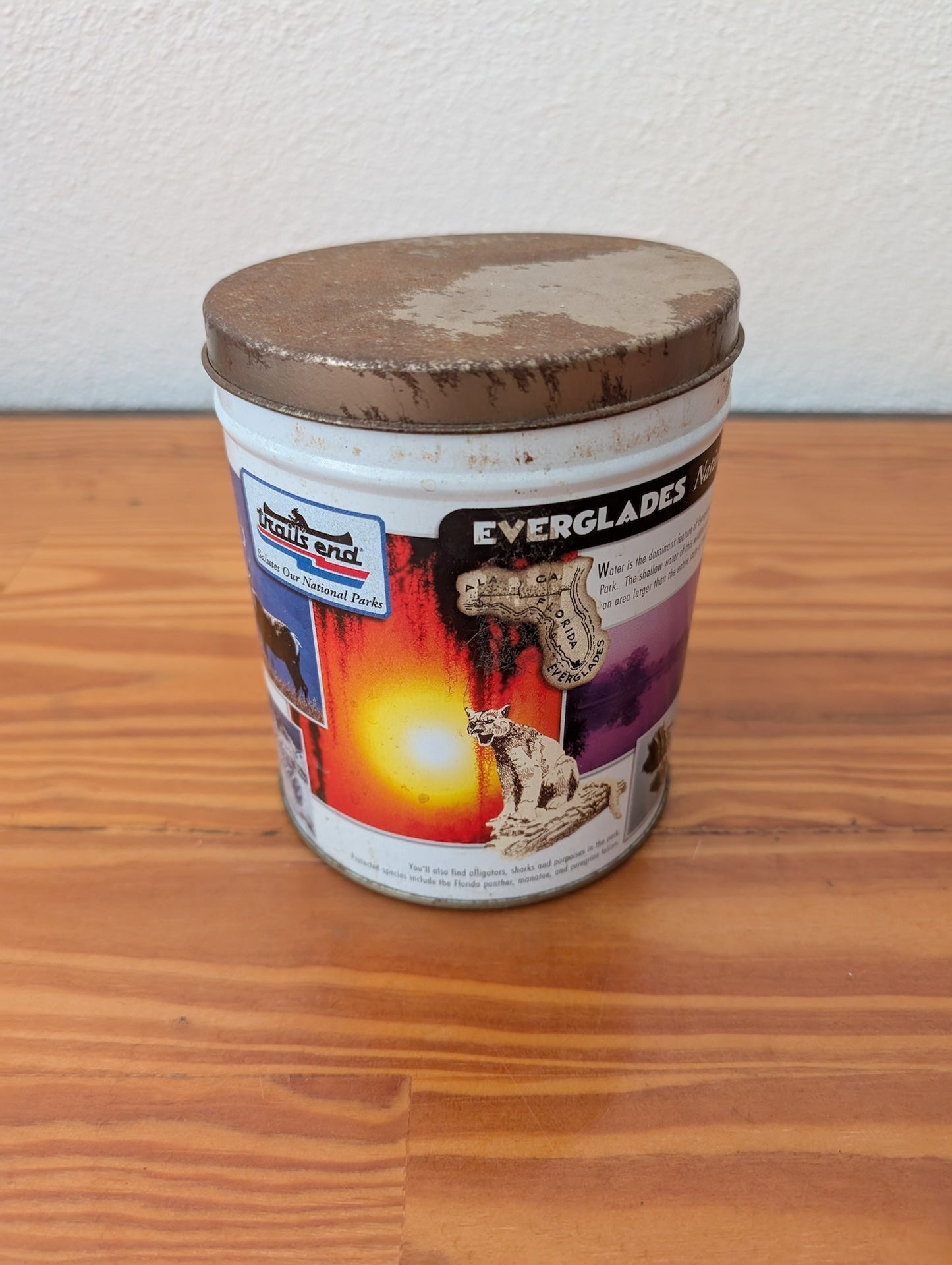 Everglades National Park Popcorn Tin from Trails End - 1990s Collectibles (Tin Advertising Tin, Collectible, National Parks, Rustic, White, Multicolor)