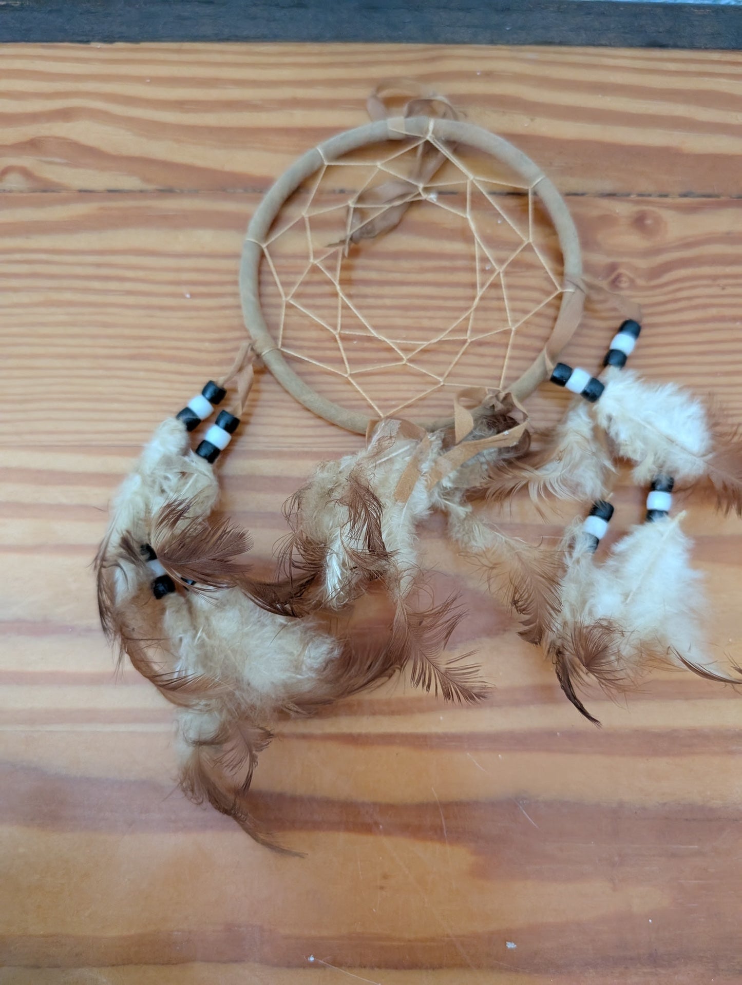 Handmade Dream Catcher from Unknown - Wall Decor (Suede, Twine, Feathers, Beads Dream Catcher, Bohemian, Southwestern, Spiritual, Tan, Brown, White, Black)