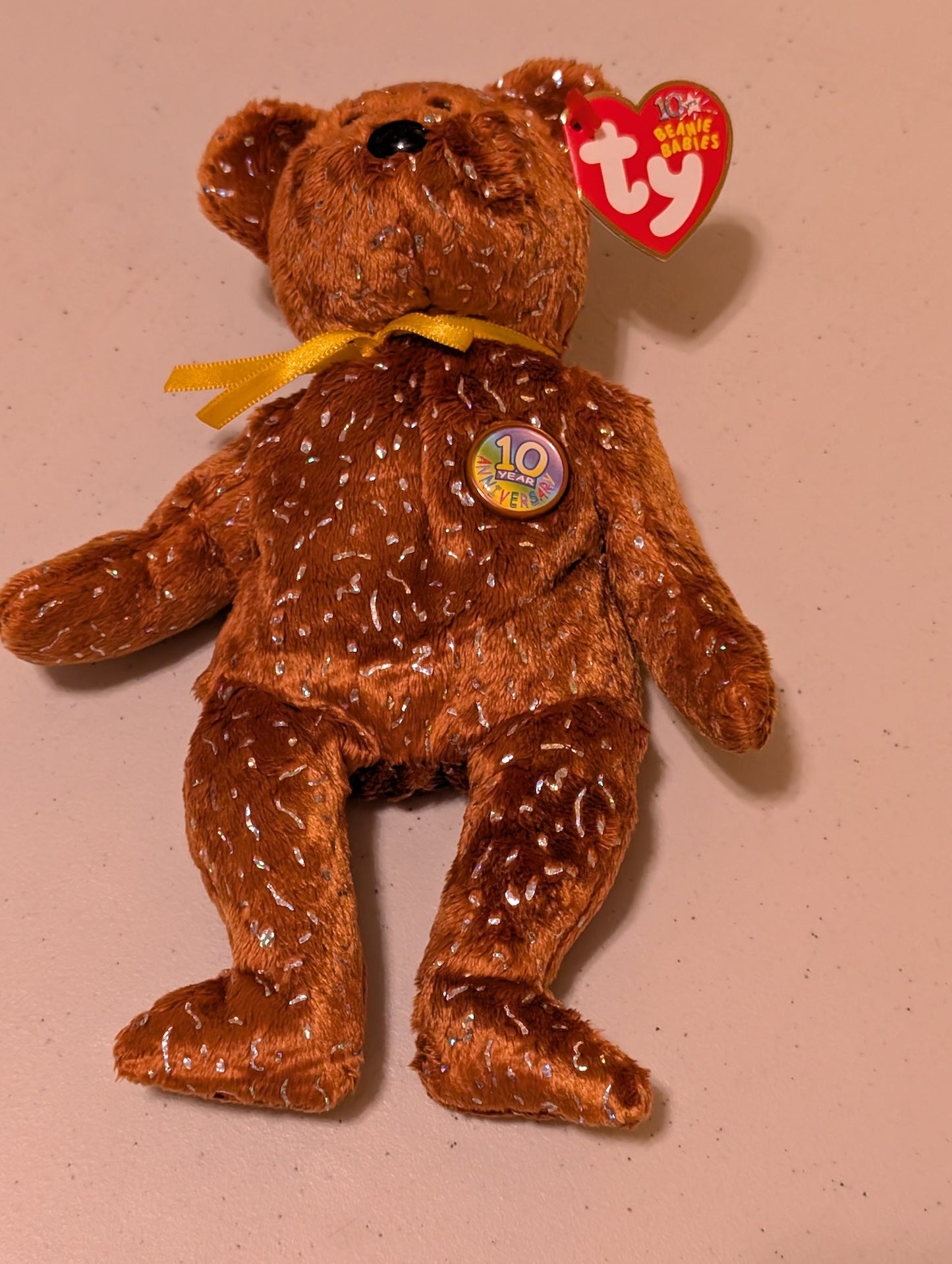 10th Anniversary Teddy the Bear - Ty Beanie Baby (Brown, 2003, Plush Toy, Stuffed Animal, MWMT, Vintage, Retired)
