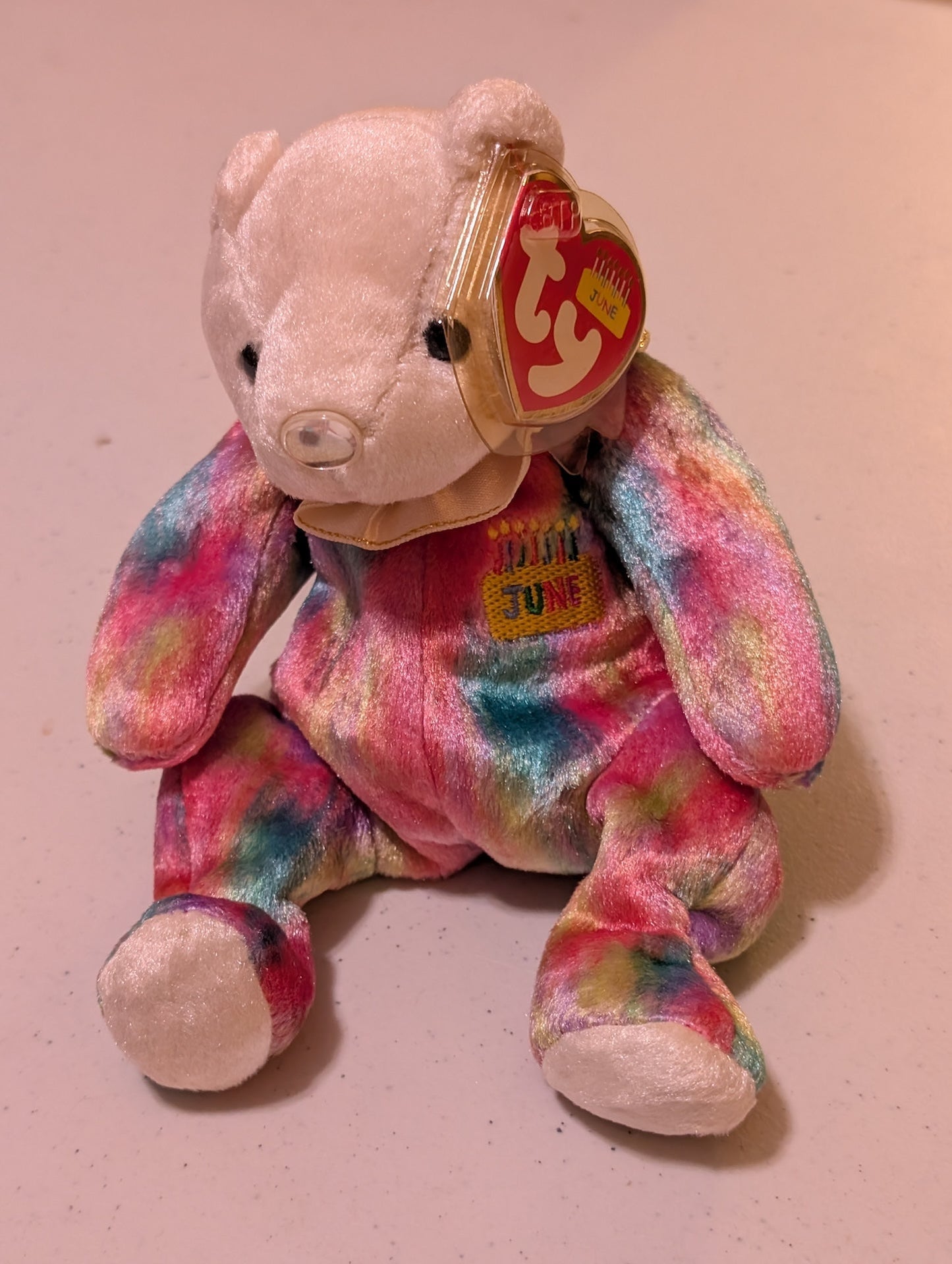 June the Bear - Ty Beanie Baby of the Month (Tie-Dye, Pink, Yellow, Blue, 2002, Plush Toy, MWMT, Stuffed Animal, Vintage, Retired, Plushie)