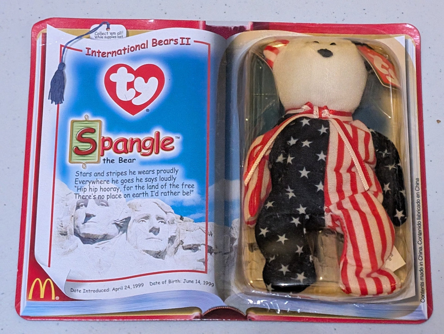 Spangle the Bear - McDonald's / Ty Teenie Beanie Baby (Red, White, Blue, 1999, Plush Toy in packaging)